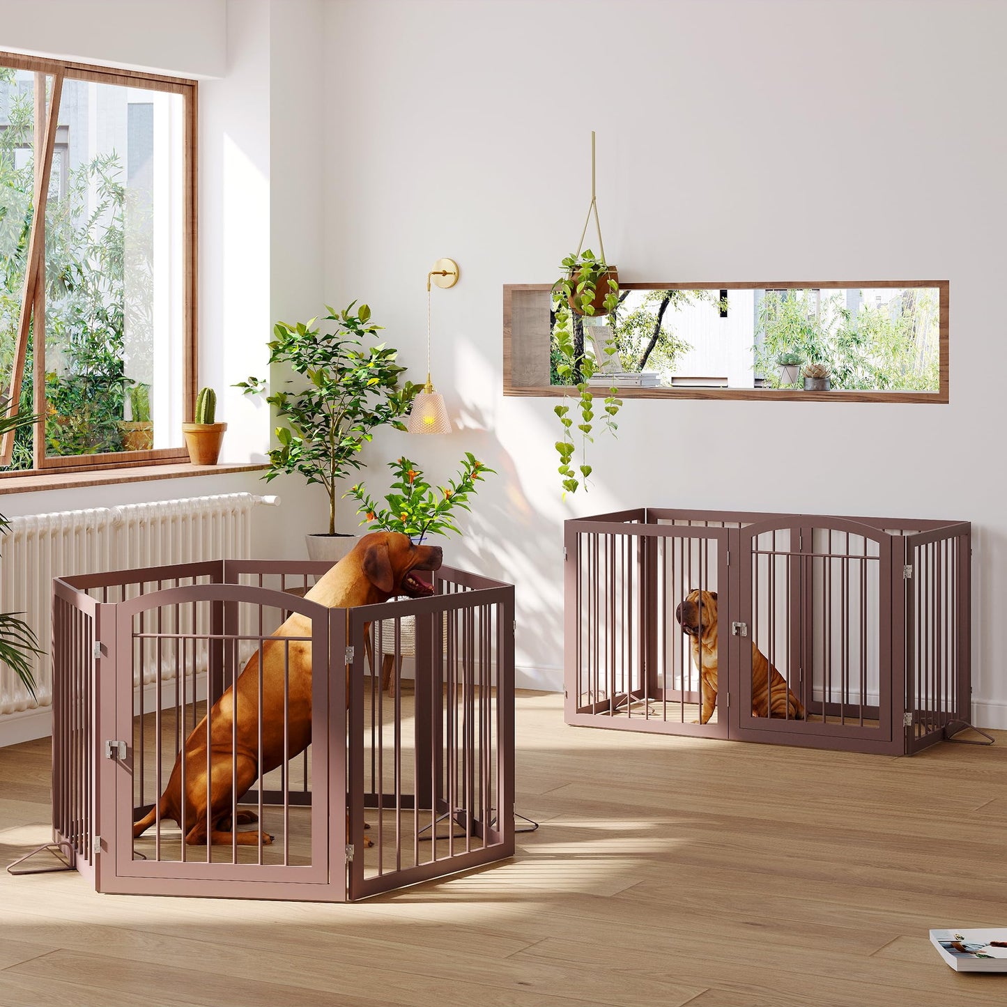 JSB 144-inch Extra Wide 30-inch Tall Dog gate with Door Walk Through, Freestanding Round Tube Pet Gate for Halls Stairs, Puppy Safety Dog Fence with 2PCS Support Feet (Espresso)
