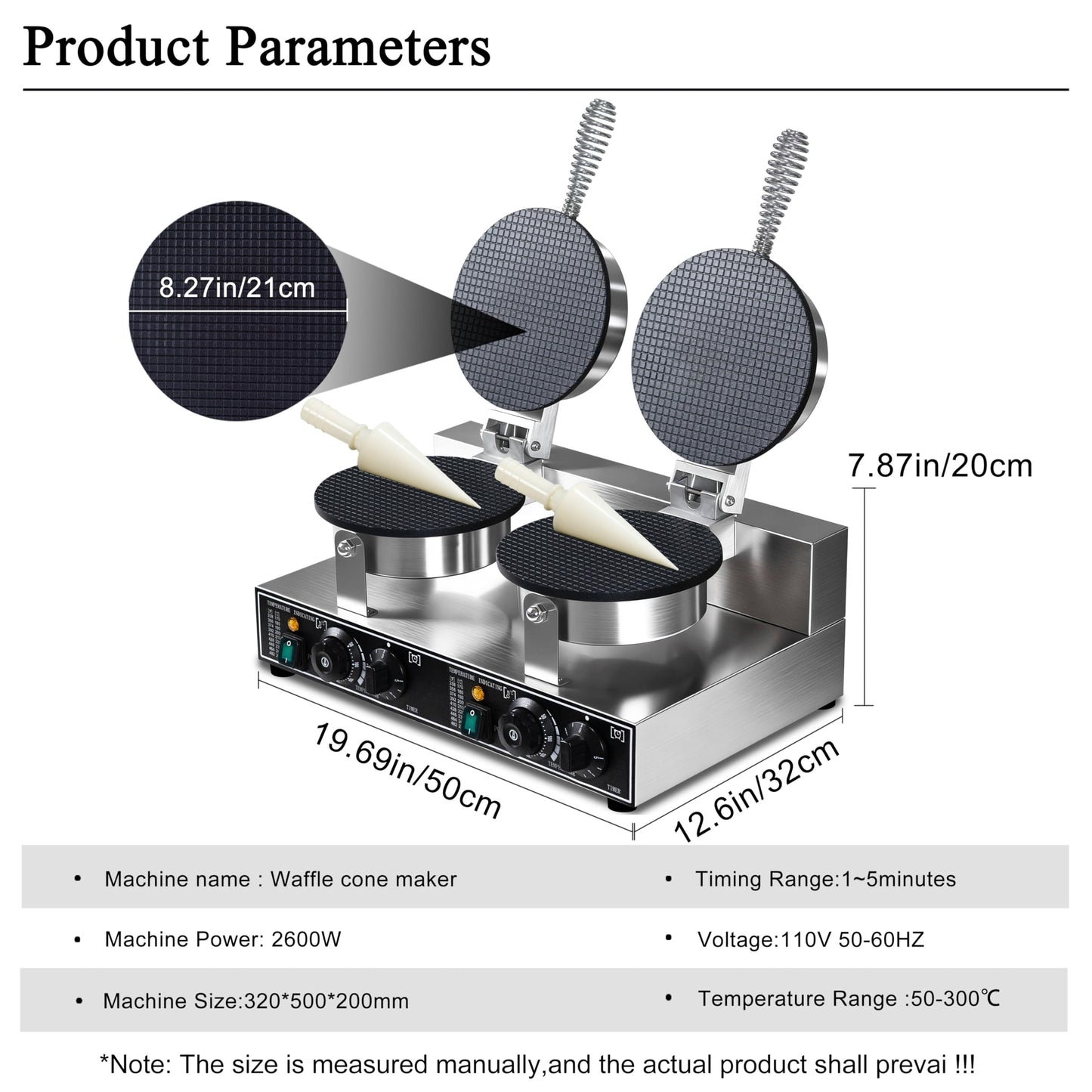 Waffle Cone Maker Commercial 2600W Professional Ice Cream Cone Waffle Maker Machine, Electric Commercial Waffle Cone Maker Machine With Temp & Time Control for for Restaurant Bakery Snack Bar Family