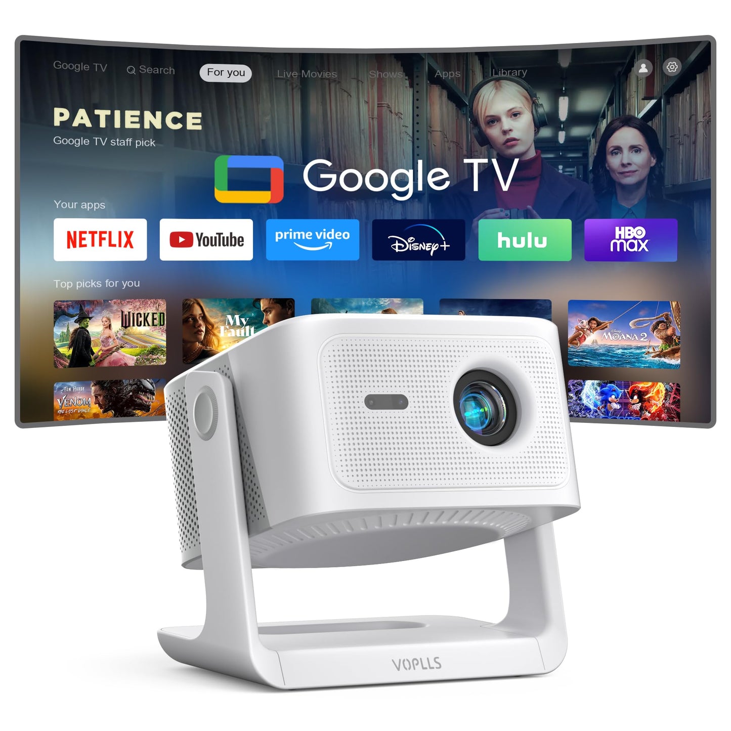 【Official Licensed Google TV】4K Smart Projector with WiFi and Bluetooth, VOPLLS Outdoor Projectors with Dolby/Auto Focus, Portable Movie Phone Wireless Gaming Wifi Proyector for Bedroom/Home/Celling