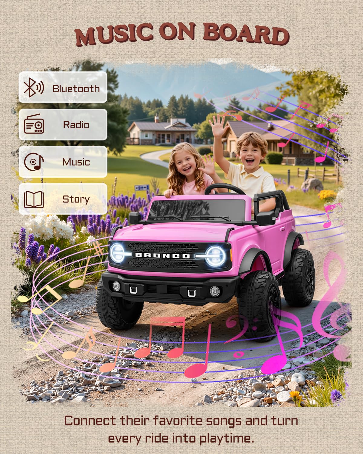 First Ride On 24V Ride on Toys for Big Kids, Licensed Ford Bronco Base 2 Seater Ride on Car with Remote Control, Girl Ride on Truck w/Seat Belts, 3 Speeds, Spring Suspension and Bluetooth (Pink)