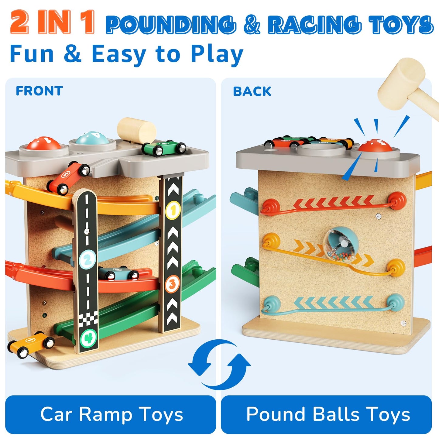 AmazingJoy Wooden Car Ramp Race Track 2-in-1 Pound Ball Toddler Toy Ball Drop Baby Toy Set Gift for 1 2 3 Year Old Boys Girls Montessori Developmental Learning Activity Interactive Birthday Present