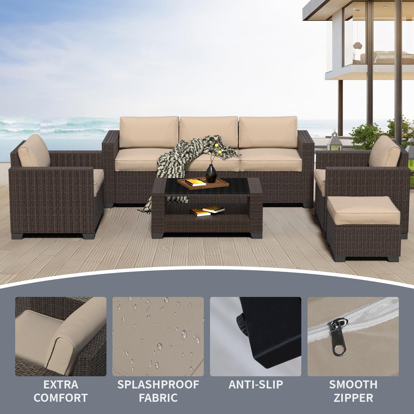 7 Pieces Patio Furniture Set Wicker Outdoor Furniture All-Weather Outdoor Sofa with Thick Cushions & Coffee Table Patio Conversation Set for Lawn, Patio, Balcony, Deck, Poolside, Brown&Beige