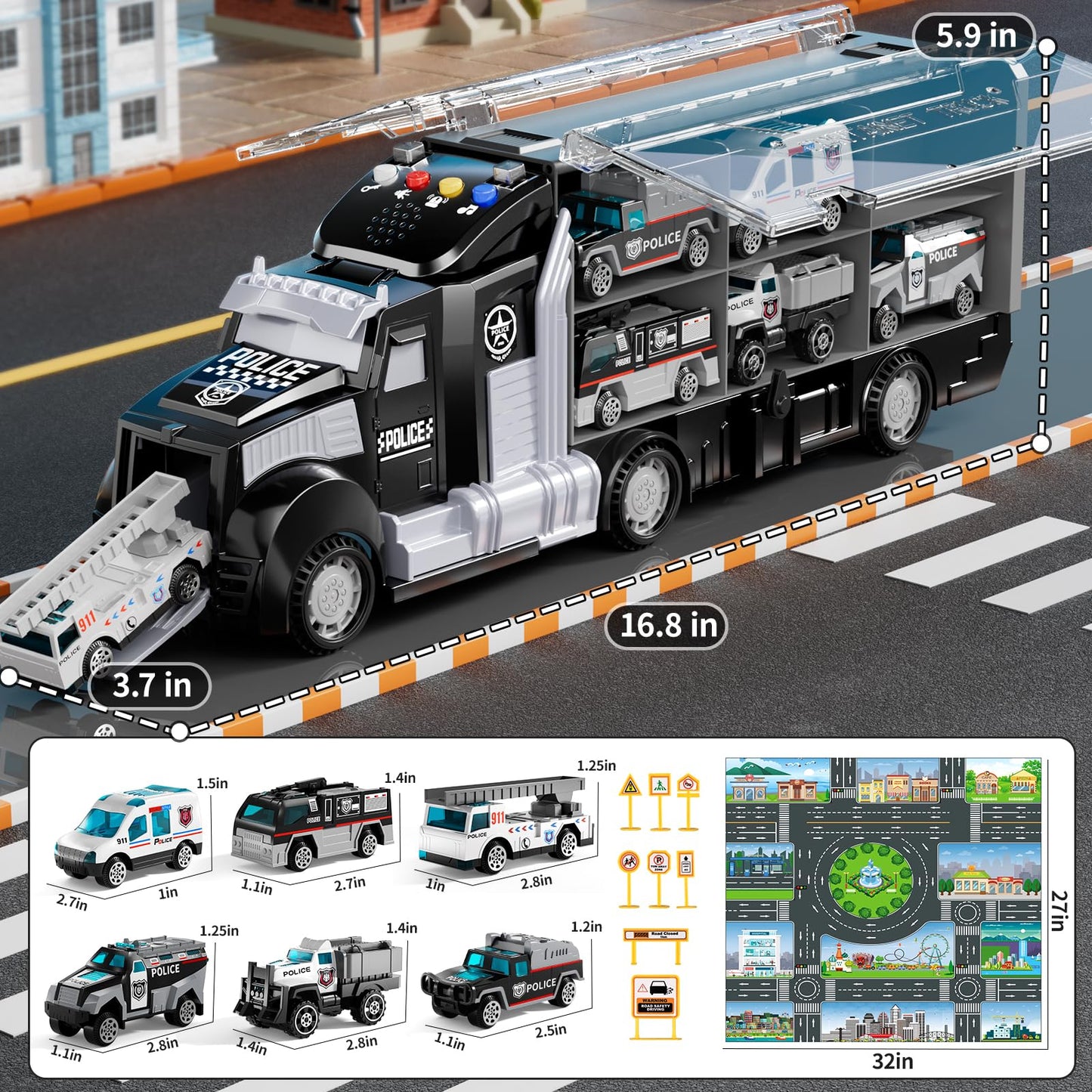 NIPLOOOW Police Trucks Toy Set with Play Mat, Carrier Truck Play Vehicles Set for 3 4 5 6 Years Old Boys Kids, Die-Cast Car Toy for Toddlers 3-4 Years, Birthday Gifts Toys for 3-9 Year Old Boys