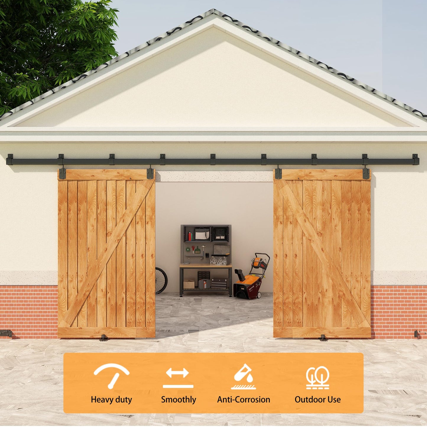 14FT Black Box Rail Exterior Barn Door Hardware Kit for 2 Doors, Sliding Heavy Duty Barn Door Track, Wall Mount Barn Door Hardware with 7 Track Brackets(Doors NOT Include)