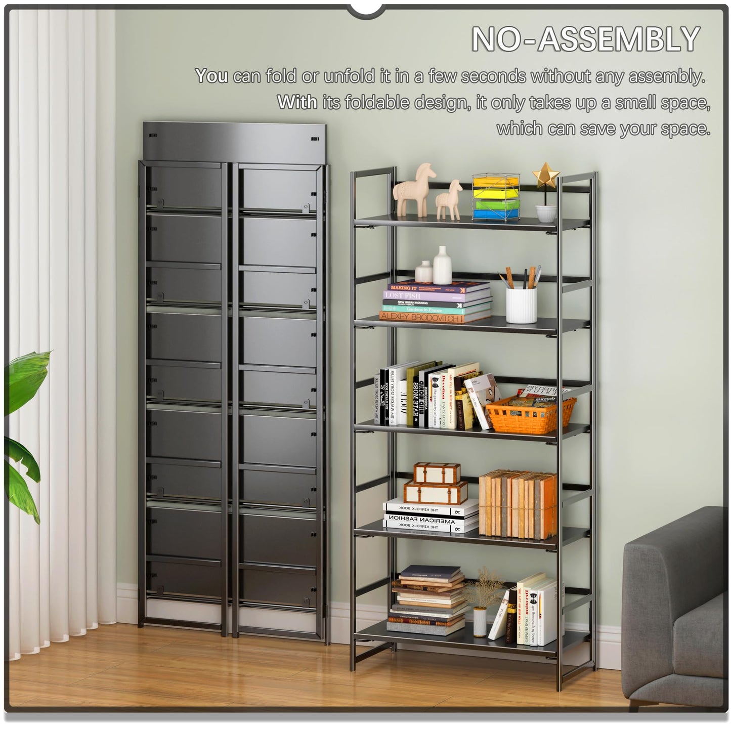 4NM No Assembly 5 Tiers Collapsible Book Shelves, 51.2" H Folding Bookshelf Bookcase Open Industrial Foldable Shelves for Bedroom, Living Room, Home Office - All Black