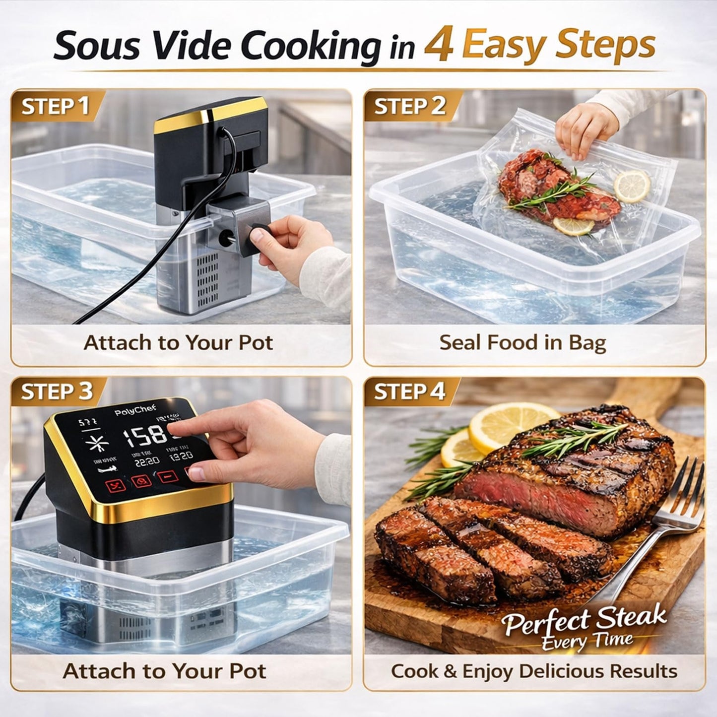 PolyChef Commercial Sous Vide Cooker 1400W – Immersion Circulator, Precision Cooker with Temperature Control & Timer, Easy-to-Use, Fast Heating Pump, IPX7 Waterproof for Home & Restaurant
