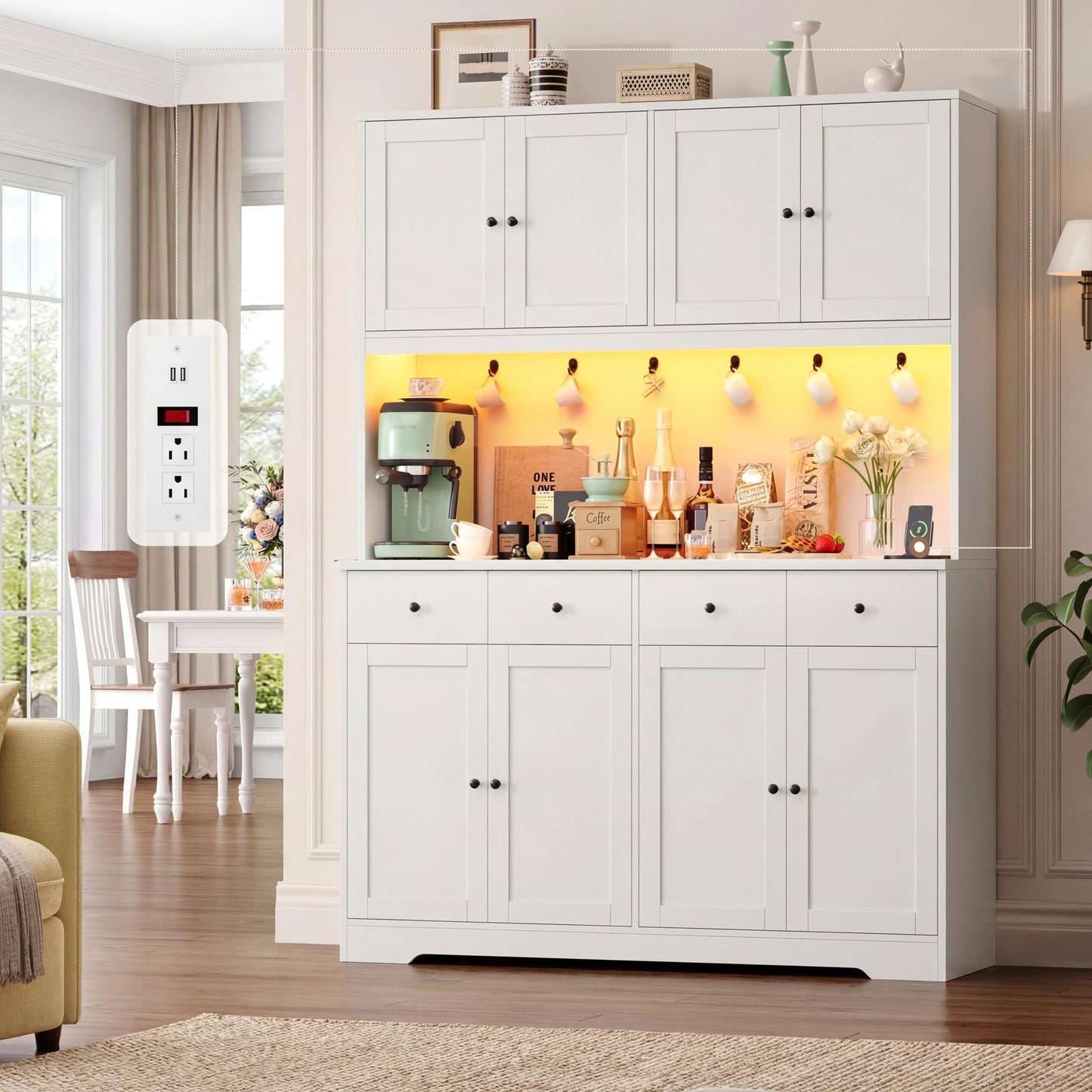 HIFIT 72" LED Kitchen Pantry Cabinet with Power Outlet & Cup Hooks, Tall Kitchen Hutch Storage Cabinets with Countertop Microwave Stand, Food Pantry Cabinet with Drawers for Dining Living Room, White