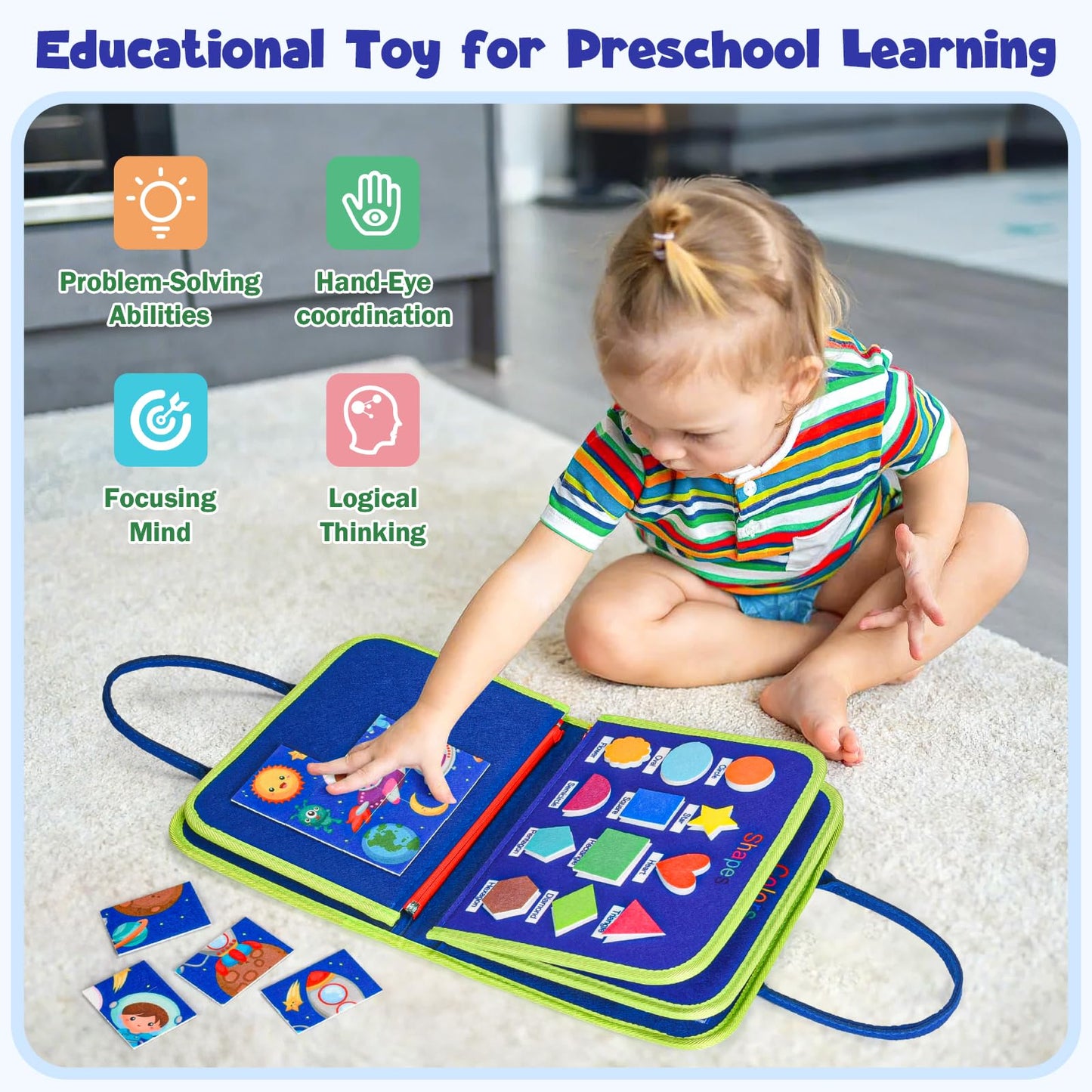 Asten Busy Board Montessori Toys for Toddlers: Busy Book Sensory Board Quiet Books Educational Activity Book for 3 4 5 Year Old Gifts for Boys Girls Kids, Toddler Travel Toys for Airplane Car (Blue)