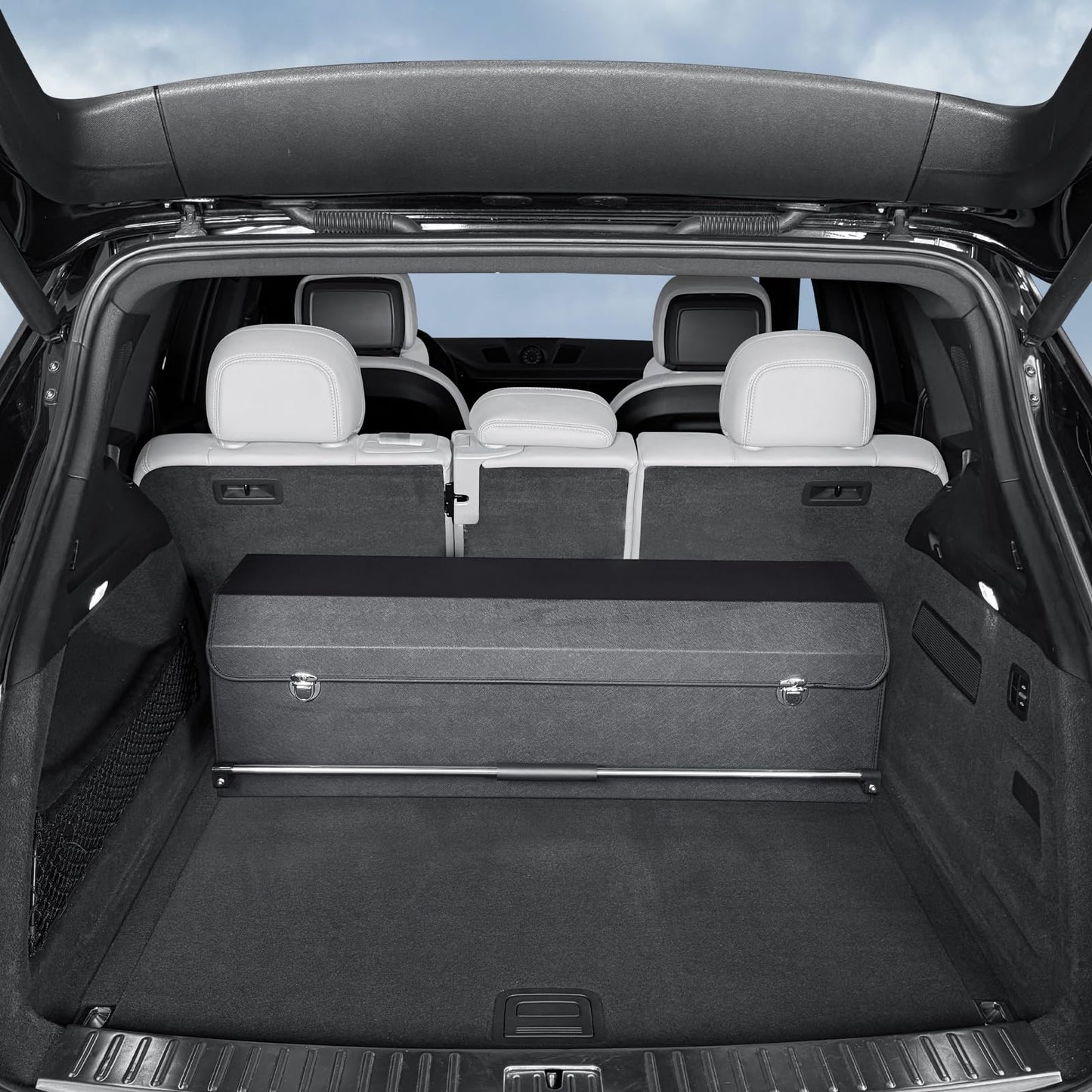 XCF Car Trunk Organizer, Leather Trunk Organizer for Suv with Lid and Push-pull Handle Car Trunk Leather Storage Box Extra Large Cargo Storage (Black, 41.3 x 11.4 x 12.2in)