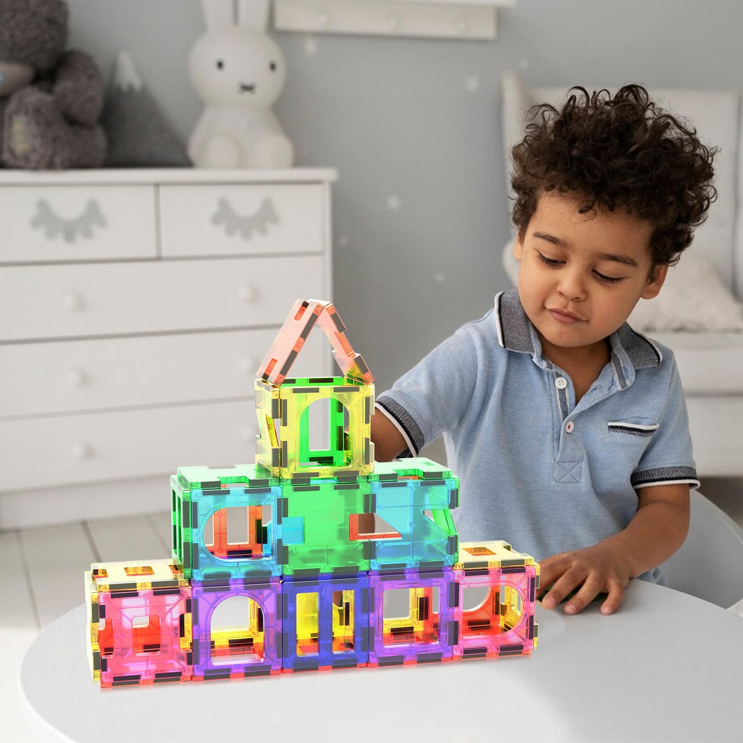 PicassoTiles 42pcs Magnetic Tiles Magnet Blocks See-Through Shape STEM Toys Building Block Educational Playset Compatible with Major Brand Tile -Starter Set for Boys and Girls Toddlers Ages 3+ PT42