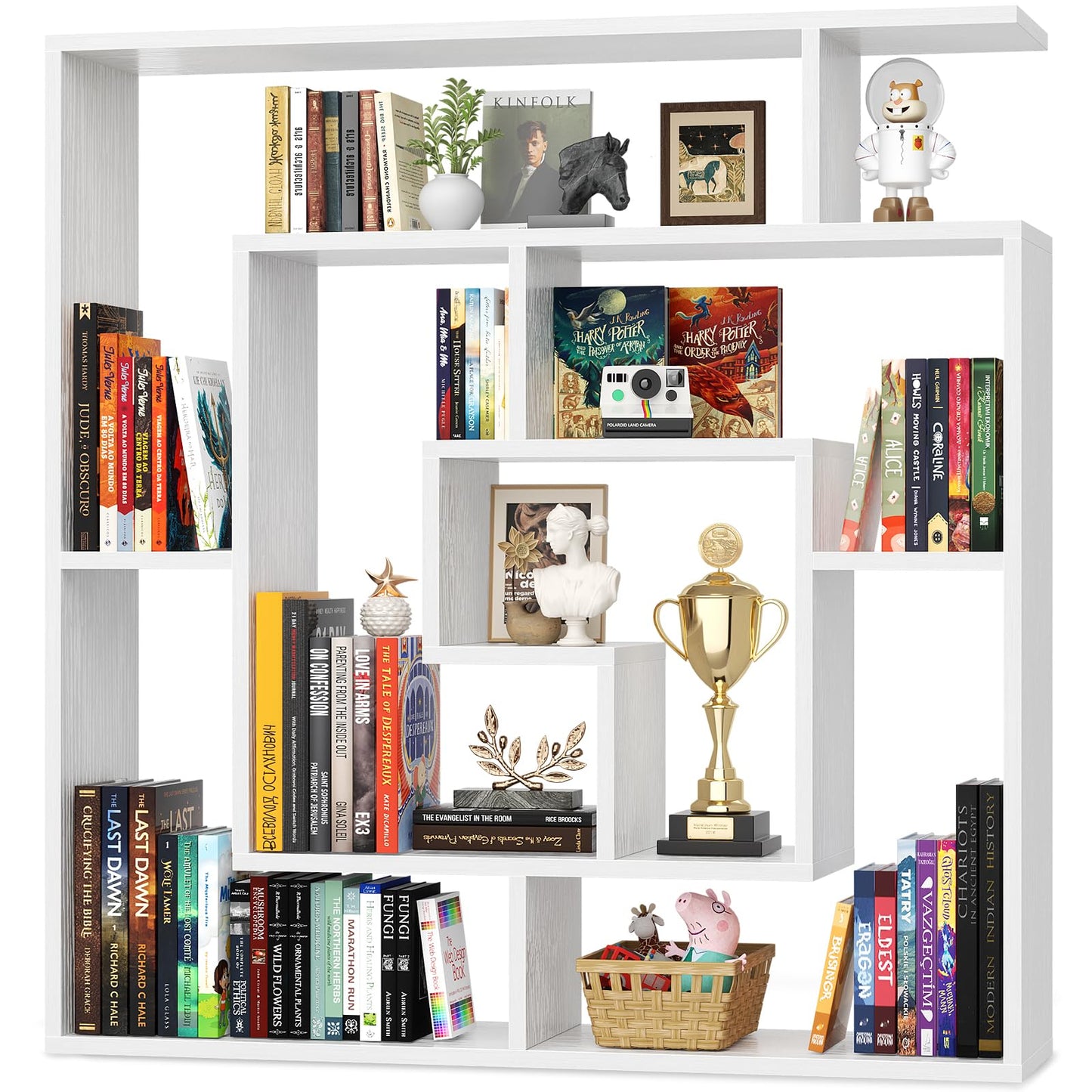Armocity 6 Tier Display Book Shelf Wall Mounted Bookshelf Freestanding Geometric Bookcase Floating Book Shelves for Wall Bedroom Living Room Home Office, 45.5"(W) * 47"(H), White