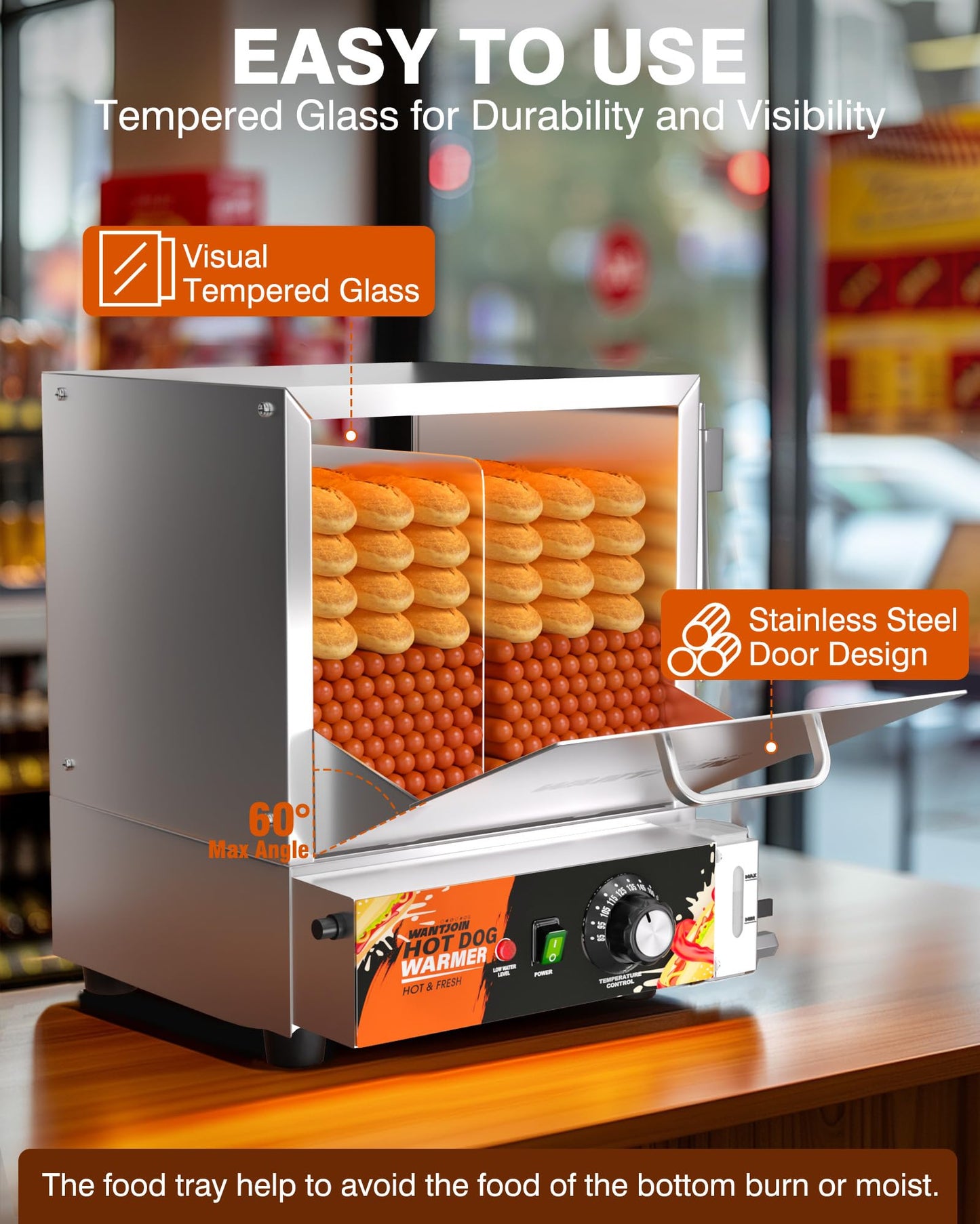 WantJoin Hot Dog Steamer Machine - 28.8QT Commercial Electric Hotdog Machine with Bun Warmer, Tempered Glass Stainless Steel Steaming Machine for 90-105 Sausages and 30-40 Buns