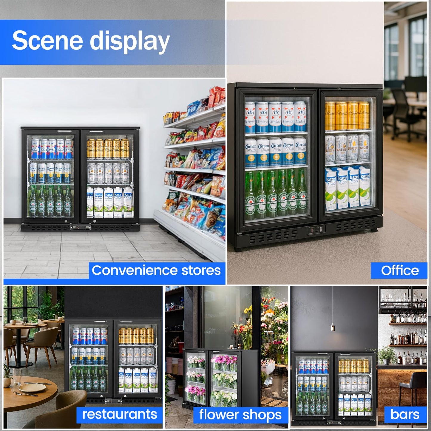 BINGERMA Back Bar Cooler with 2 Glass Doors Commercial Under Counter Beverage Refrigerator 7.4 Cu.ft. ETL Black Drink Fridges for Bar,Office,Convenience Stores