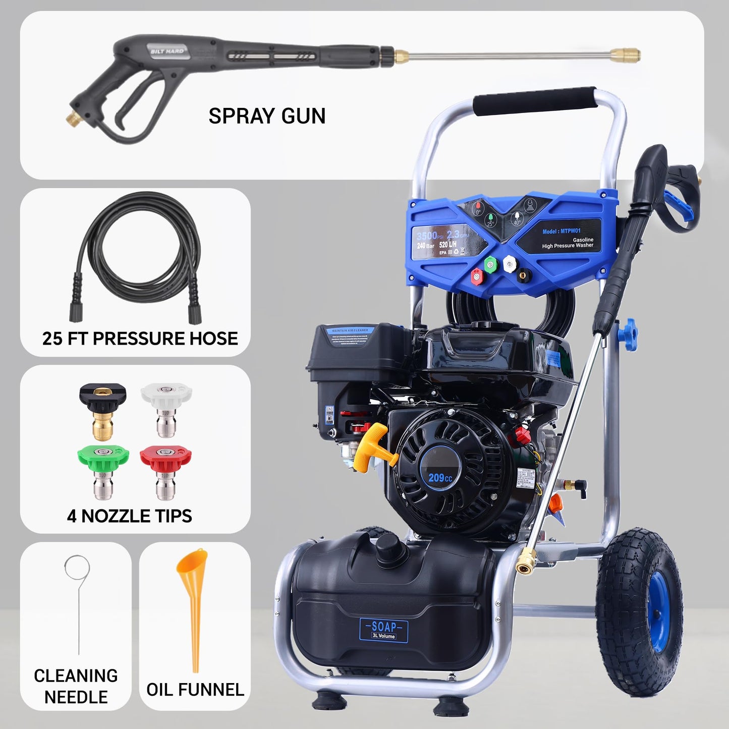 MUTAOMAY 3500 PSI Gas Pressure Washer, 2.3 GPM Power Washer with 209CC Engine, Maintenance-Free Axial Cam Pump, 25FT Hose, 4 Nozzles for Driveways, Walls, Vehicles, Patio (Blue)