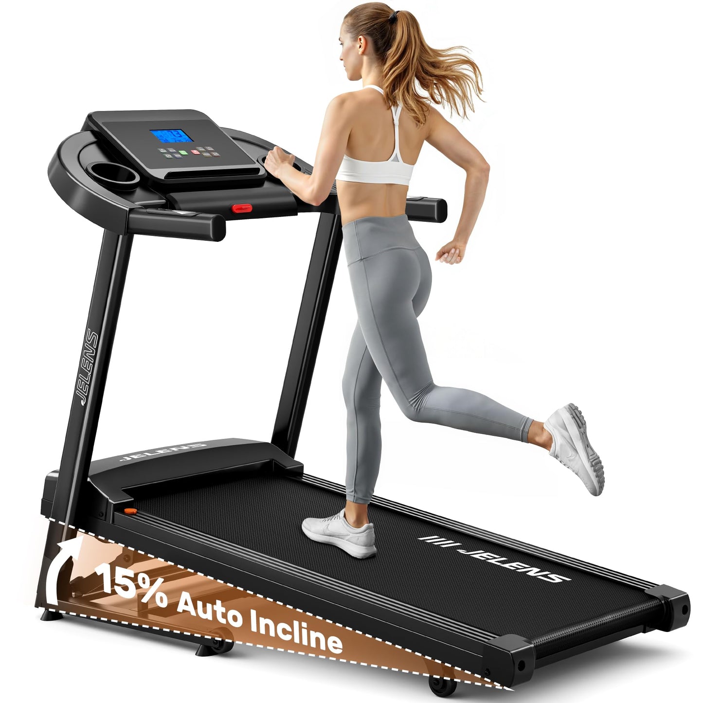 JELENS Treadmill for Home with 0-15% Auto Incline, Foldable Walking Pad Treadmill with 330LBS Weight Capacity and Pulse Sensors, 3.0HP Quiet Walking Pad with App and LCD Display (Black)