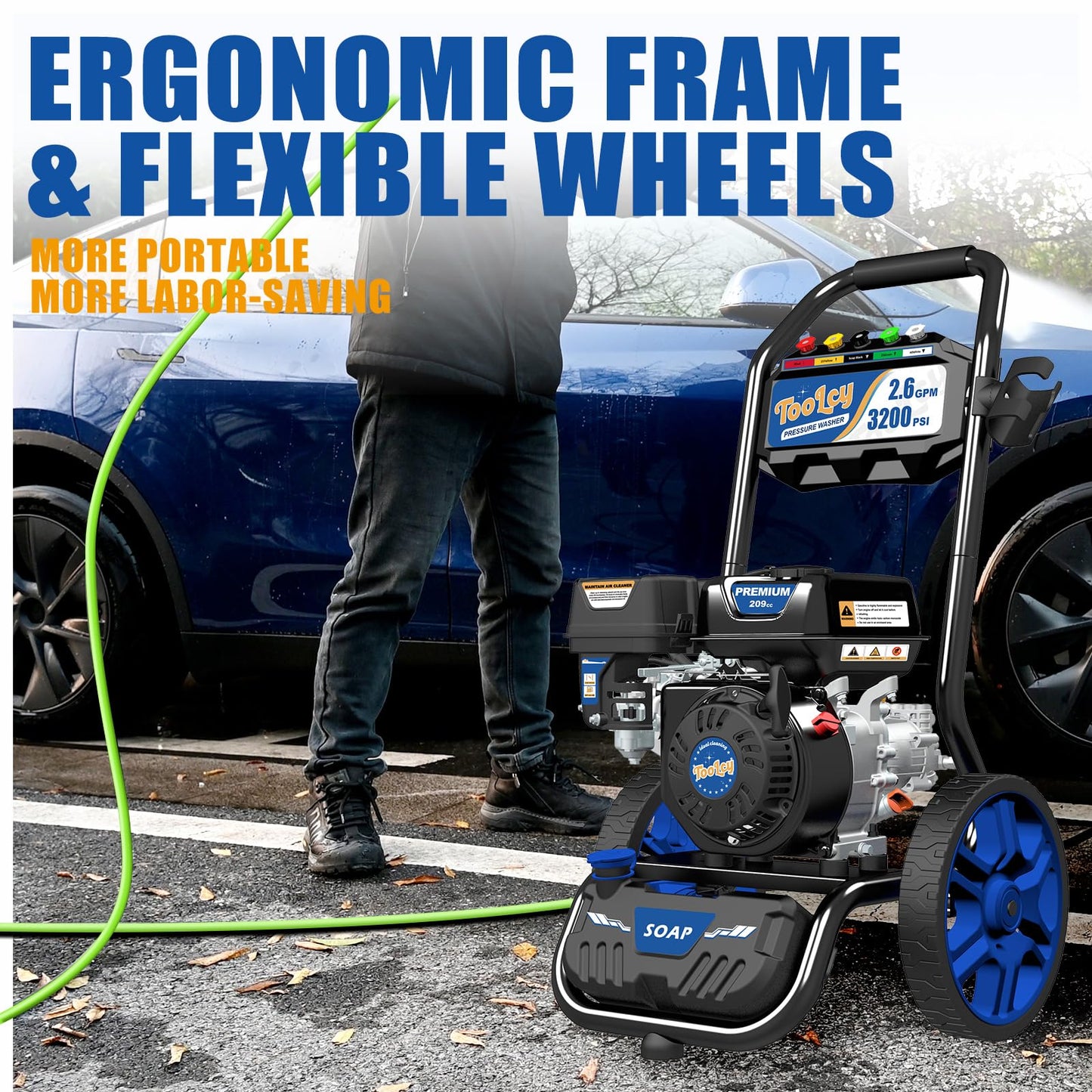 TOOLCY Gas Pressure Washer 3200 PSI & 2.6 GPM, High Performance Engine, Includes Swivel Spray Gun and Wand, 35FT Power Washer Hose, 5 Nozzle Tips, Onboard Soap Tank, for Cars/Driveways/Homes