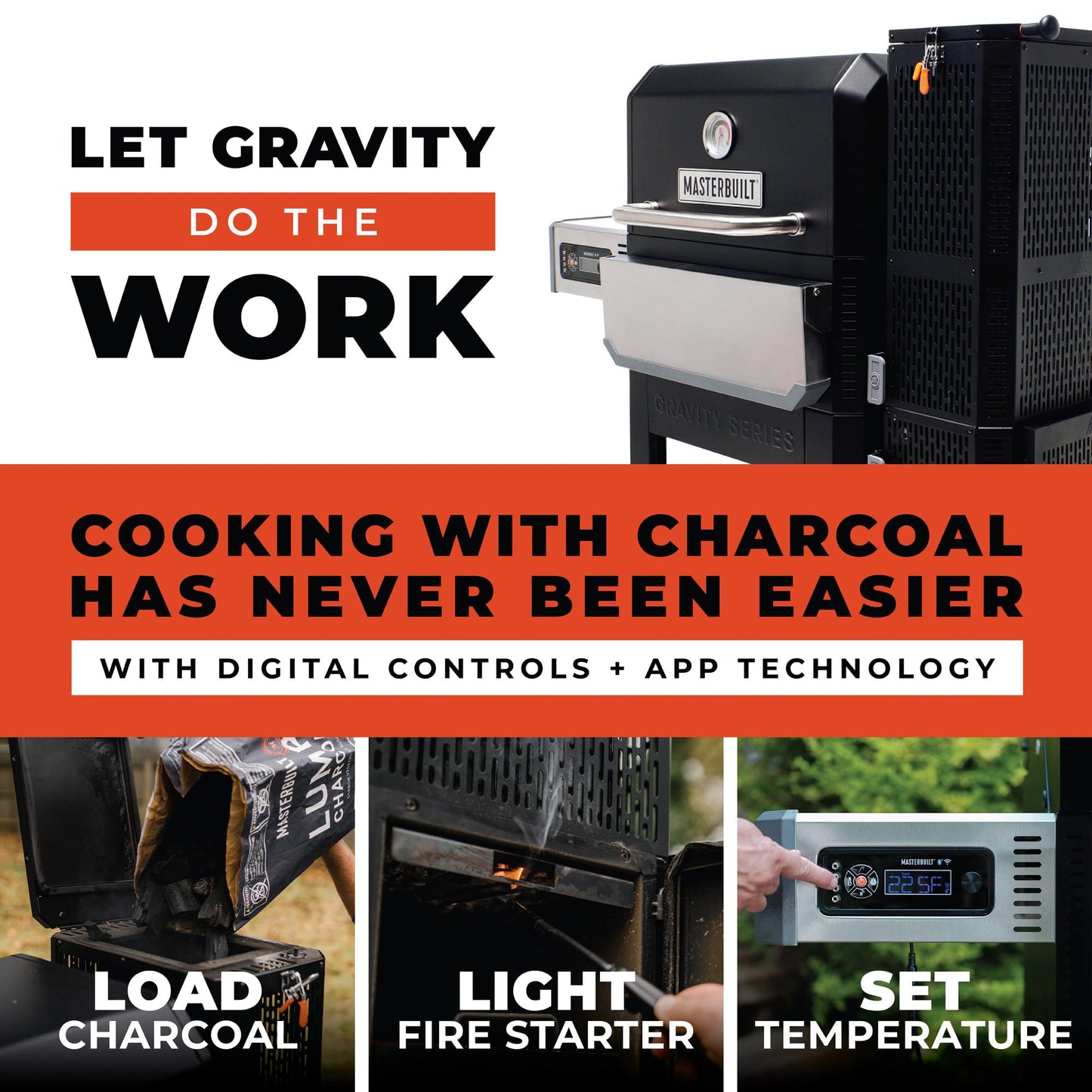 Masterbuilt® Gravity Series® 800 Digital Charcoal Grill, Griddle and Smoker with Digital Control, App Connectivity and 800 Cooking Square Inches in Black, Model MB20040221