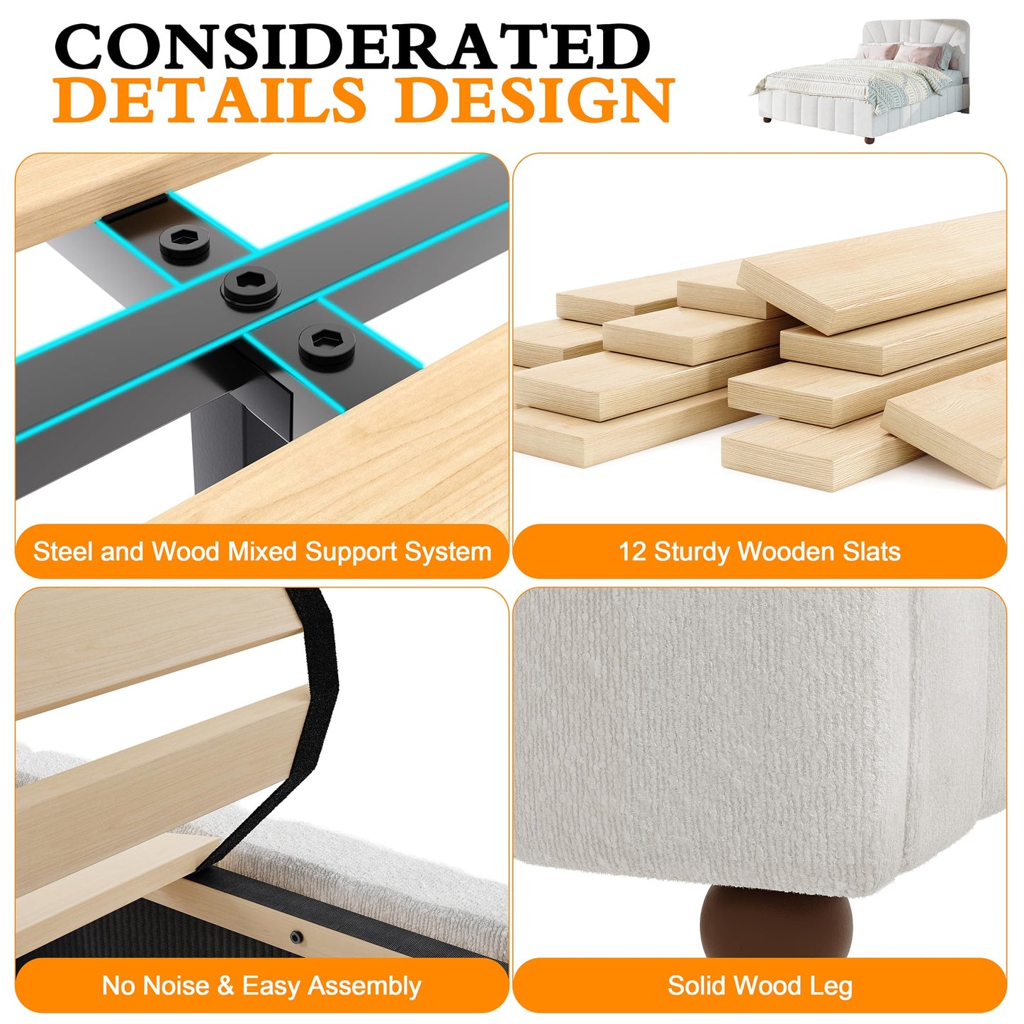Queen Size Boucle Bed Frame Upholstered Bed Frame Queen with Adjustable Headboard, Solid Wood Slats Support, Bed for Bedroom Apartment, Dorm, No Box Spring Needed, Easy Assembly, Noise-Free, Cream
