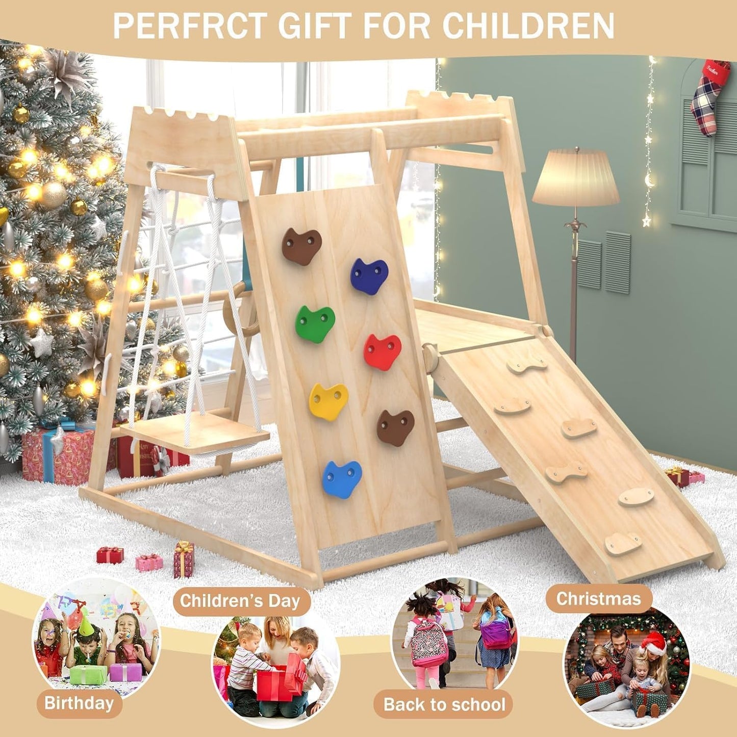 Yaofala 8-in-1 Indoor Playground, Indoor Jungle Gym for Toddlers, Kids Climbing Toys Indoor, Wooden Montessori Climber Playset with Swing, Slide, Monkey Bar, Wood Ladder, Climbing Net,Gymnastic Rings