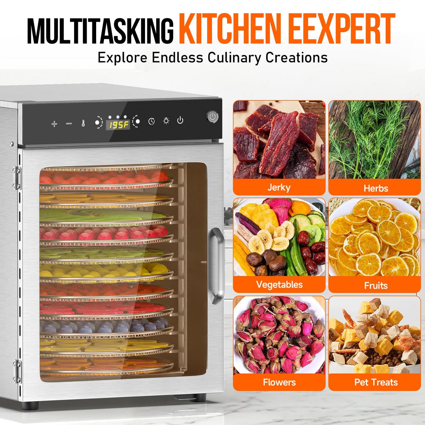 Prenafla Food Dehydrator 12 Trays - 360° Rotary Meat Dehydrator for Jerky with 194°F Temp & 24H Time Control, 800W Even Heating Food Dryer Machine for Herbs, Fruit, Meat, Yogurt, Silver