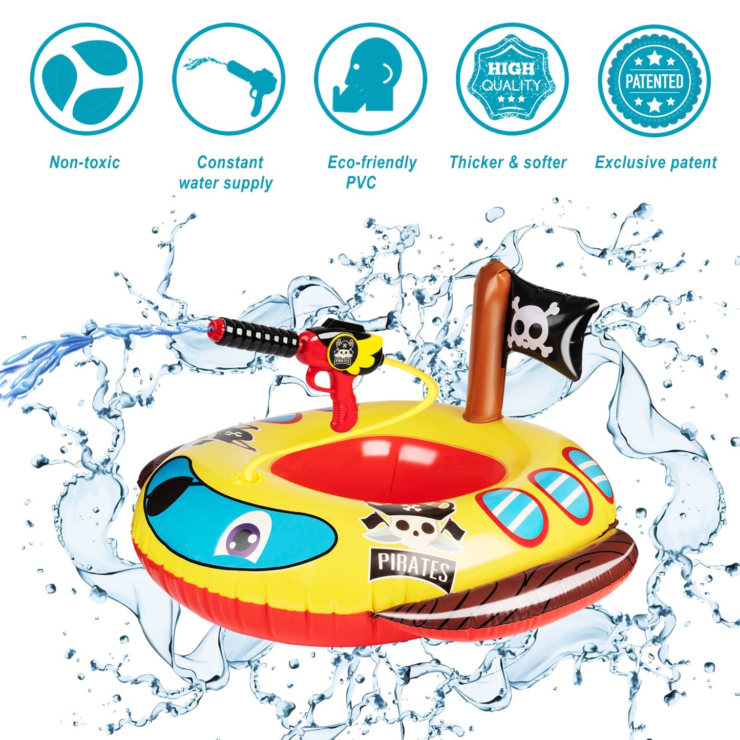 2 Pack Inflatable Kids Pool Floats with Water Gun, Pool Toys for Kids Ages 4-8, Blow Up Toddler Pool Floats, Swimming Pool Game Toys, Fire Truck and Pirate Ship Floaties for Boys Girls and Child