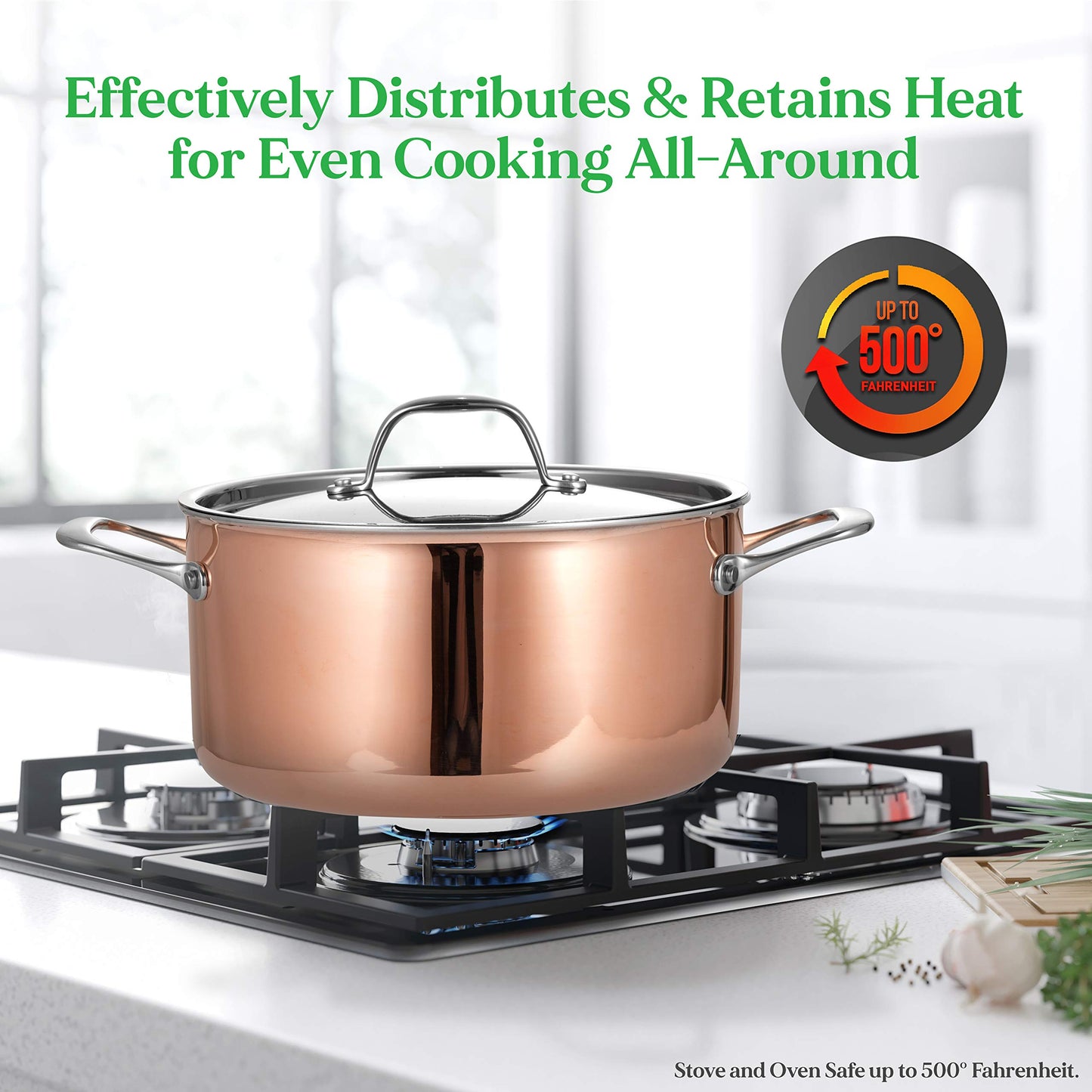 NutriChef 8 Pcs. Stainless Steel Cookware Set - Kitchenware Pots & Pans Set Stylish Kitchen Cookware w/Cast SS Handle, Tri-Ply Authentic Copper, for Saucepan, Casserole, Frying Pan, Lids - NCCW8SS