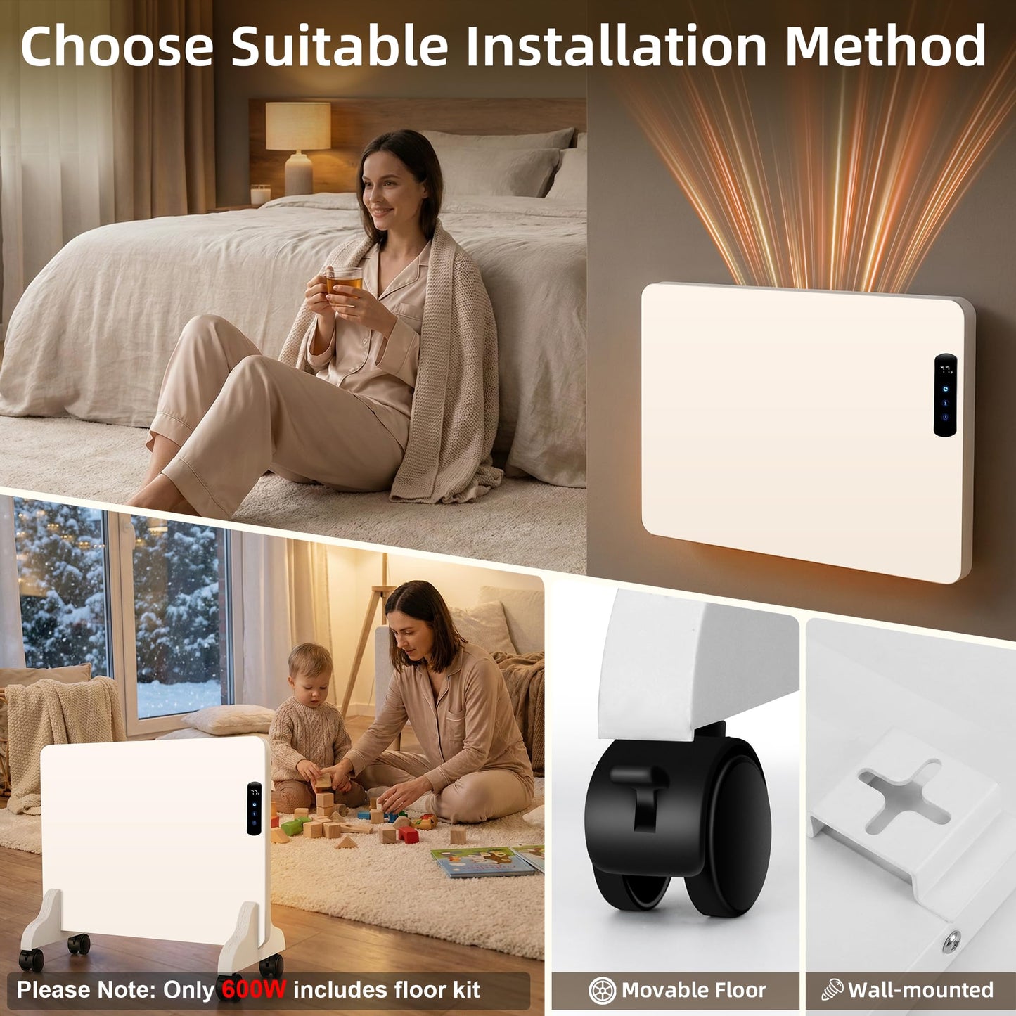 Wall Convection Space Heater Panel, Smart WiFi Wall Mounted Electric Heater for Indoor Use, 400W Energy Efficient Heaters with Remote & APP Control, Quiet Heaters for Bedroom, Office