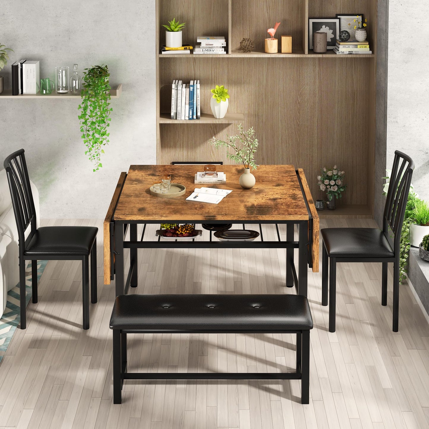 Lamerge 4-Piece Dining Table Set for 3-6 People, 63" Extendable Kitchen Table Set with 1 Bench and 2 Backrest Chairs, Faux Wood Table Square Dining Table Set with Drop Leaf for Small Space
