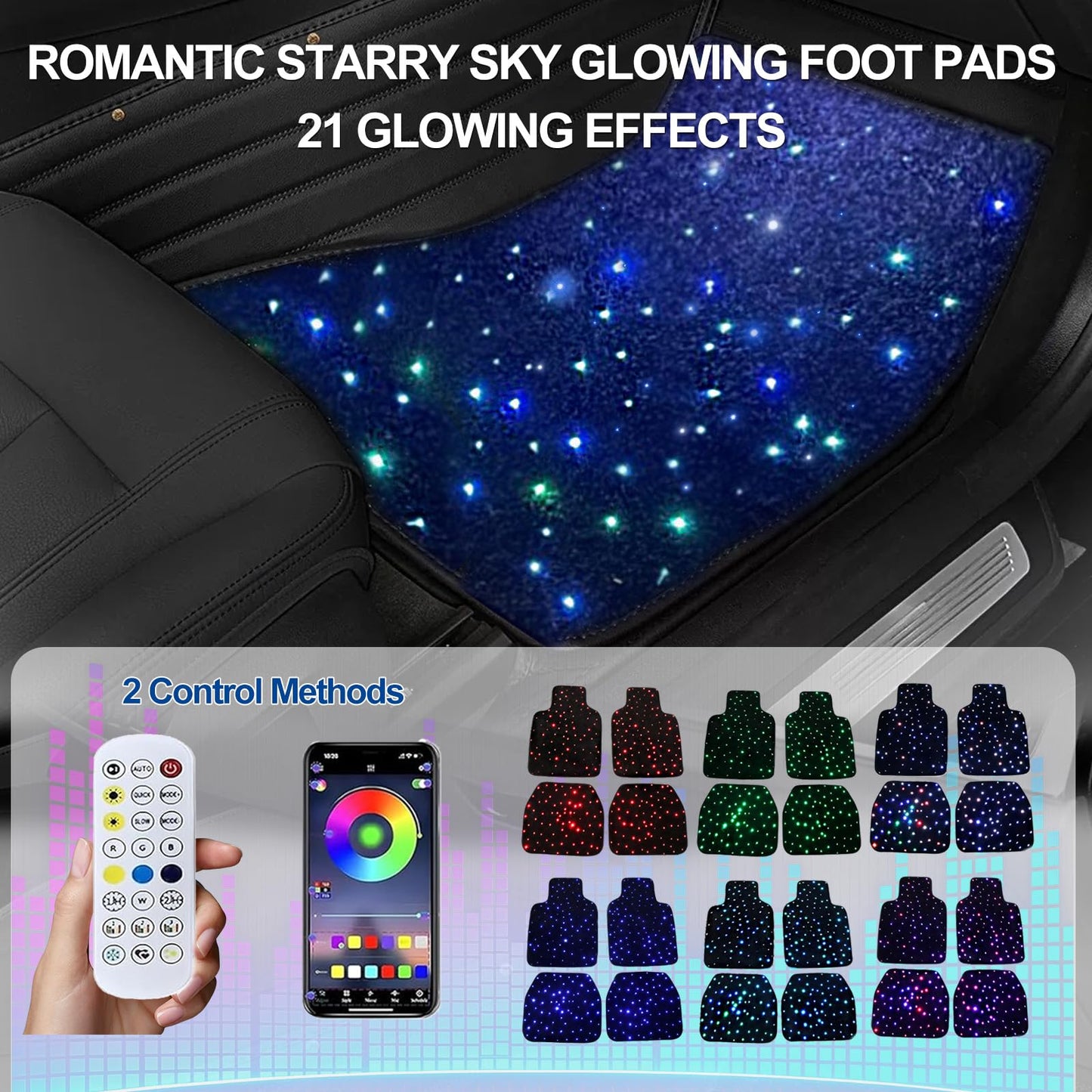 Starlight Floor Mats for Car, LED Fiber Optic Mats with App Control, Universal Fit - Waterproof Washable, Full Set Shiny Starry Sky Non-Slip Car Mat - USB Cable