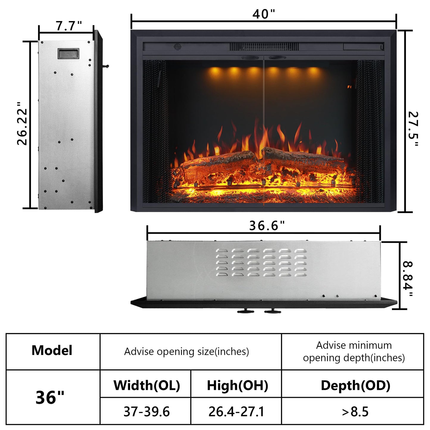 Valuxhome 40” W Electric Fireplace Insert with Log Speaker for Crackling Sound, 750W(Low)/1500W(high) for Heating, Independent Function for Heating and Changing Colors, Overheating Protection