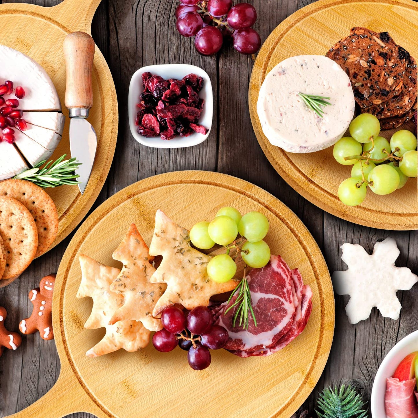 Nuenen 20 Pcs Round Wood Cutting Board with Handle Acacia Bamboo Wooden Serving Kitchen Chopping Boards for Pizza, Bread, Cheese, Charcuterie, Fruit, Vegetables (Bamboo)