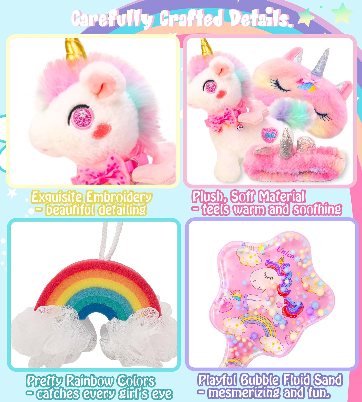 LSSAGOON Unicorn Birthday Plush Toy Gifts Gift Set for Girls Age 3-5 6-8 9-12,Bath Toys Gifts Set with Bath Towels,Headband,Bath Sponge,Sleep Mask,Comb etc.for Christmas,Easter Gifts