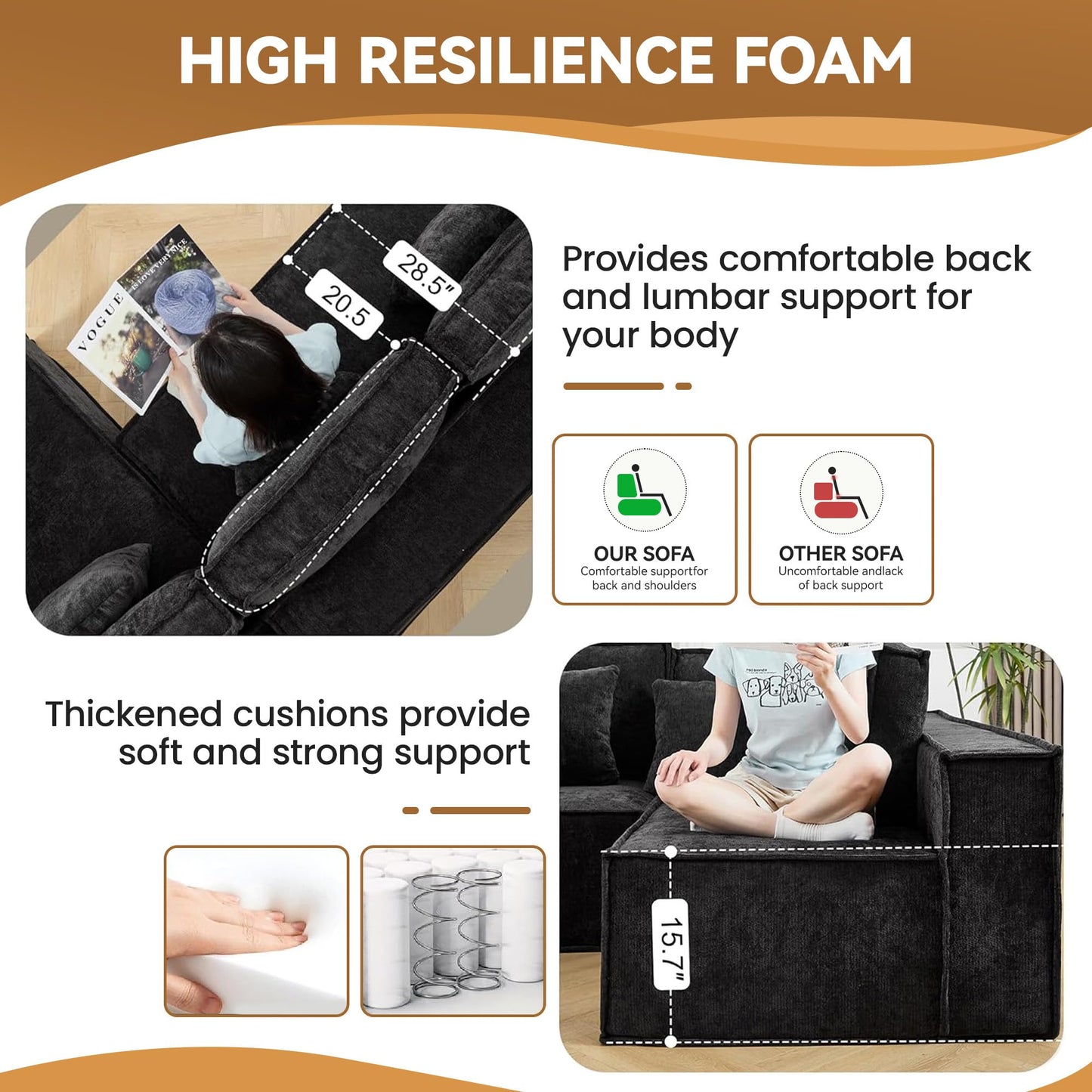 138'' Boneless Chenille U Shaped Couch, Oversized Modular Sectional 8 Seater Sofa, Modern Deep Seat Corner Cloud Compressed Couch, No Assembly Sleeper Sofa with Chaise for Living Room, Black