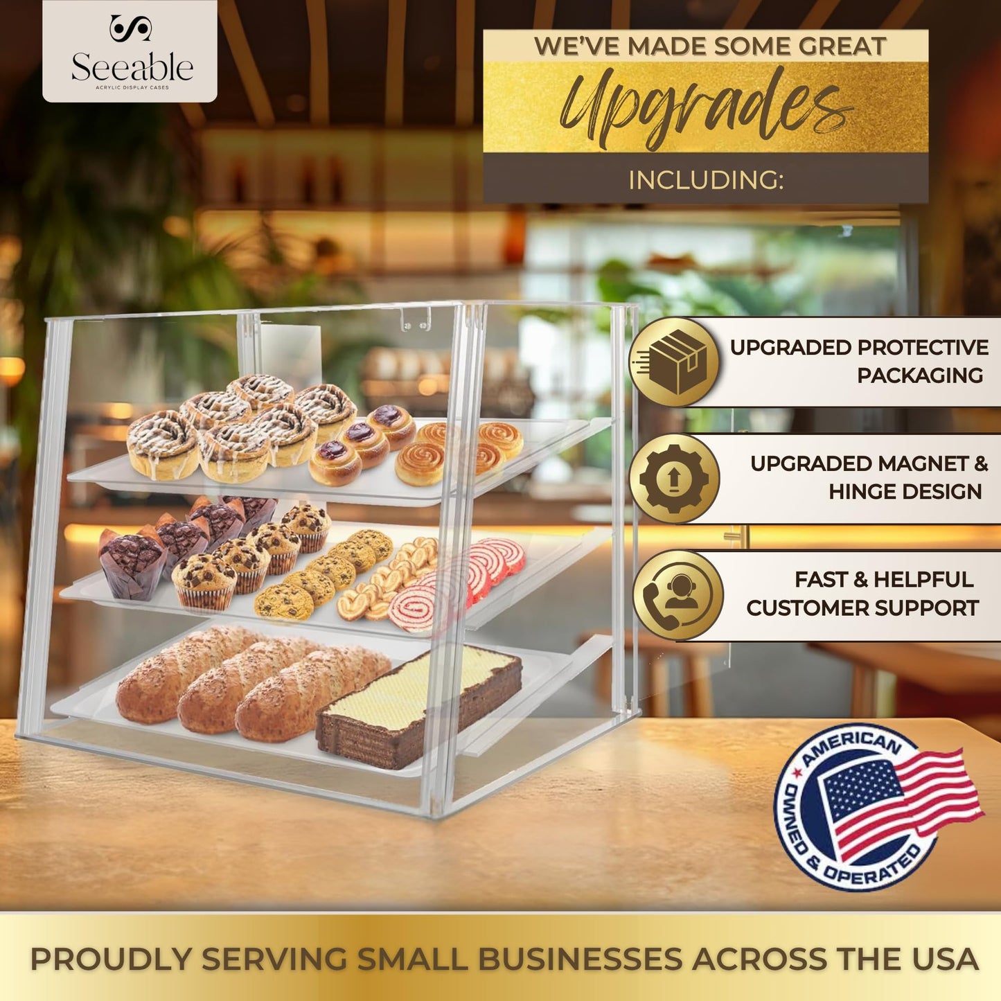 3 Tray Acrylic Bakery Display Case Countertop with Magnetic Rear Doors Access, Removable Trays & Gold Accents, Acrylic Pastry Display Case for Desserts, Cookies, Bread & Baked Goods (21"x16"x17")