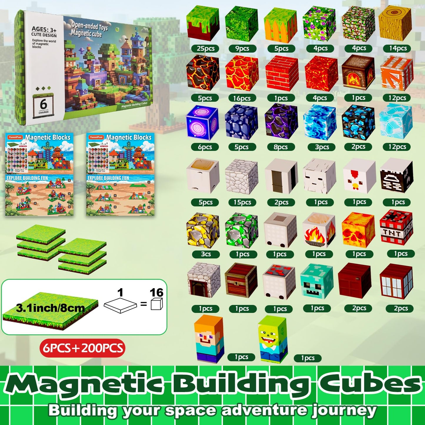 YunniFun Magetic blocks-200pcs Magnetic Building Blocks Toys Set Magnetic Toys for Boys Girls Kids Ages 3 4 5 6 7 8,Magnet STEM Games Christmas Birthday Gifts for Kids. (Mine Car Theme)