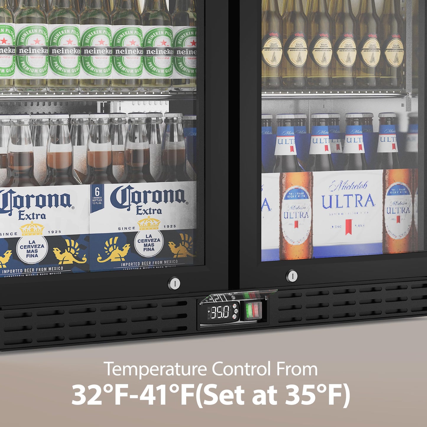 Coolake Back Bar Cooler Refrigerator with 2 Glass Doors, 7.4 cu.ft Commercial Under Counter Height Beverage Refrigerator with LED Lighting, Display Drink Fridge for Home Bar, Man Cave, Garage, Office
