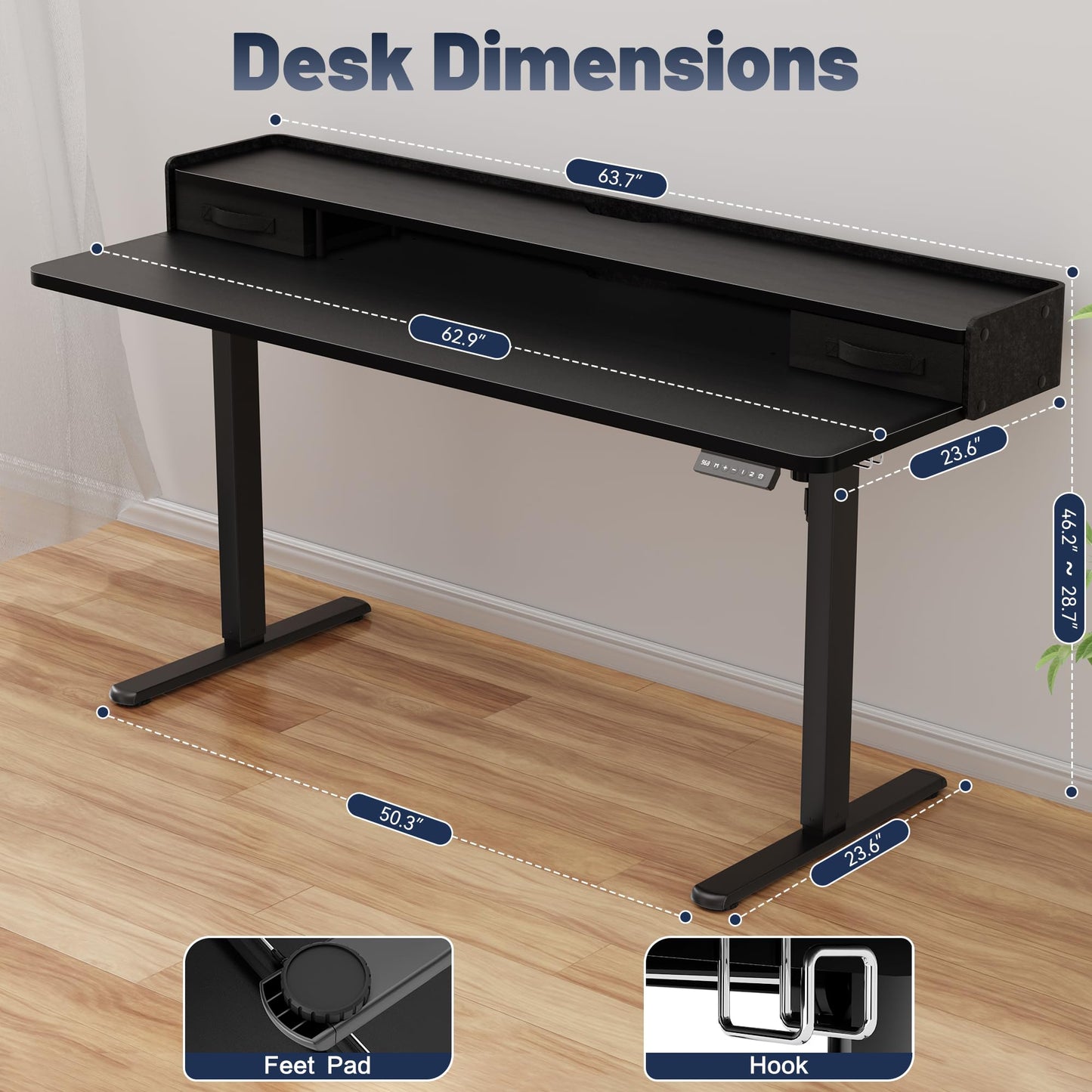 YESHOMY 63" x 23" Electric Standing Desk with 2 Drawers, Height Adjustable Computer Desk, Low Noise Home Office Stand Up Desk with 2 Preset Heights & 2 Hooks, Black