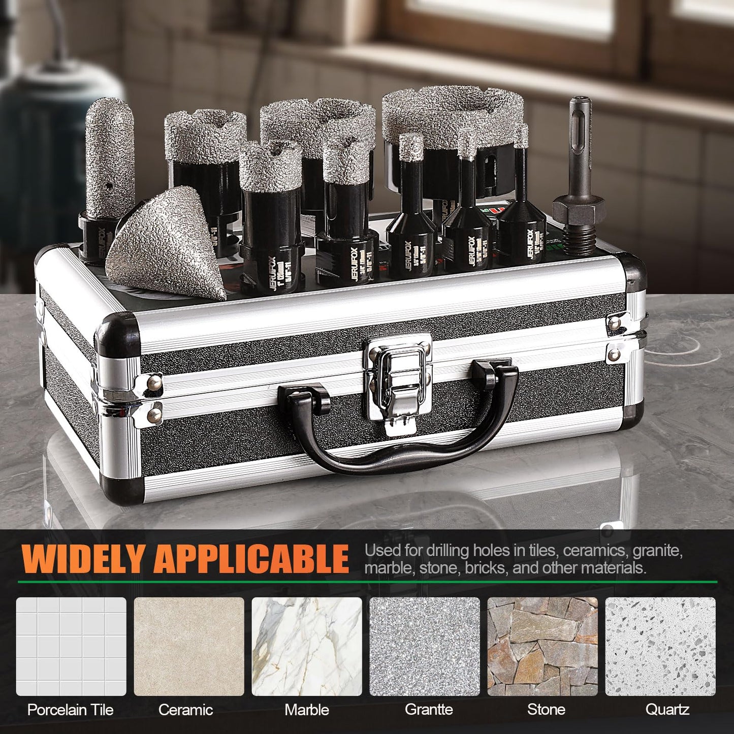 Diamond Hole Saw Kit Tile Drill Bits, 11 PCS Diamond Core Drill Bits Set 6/8/10/19/25/35/51/65mm+50mm Chamfer Saw +20mm Finger Bit+SDS Adapter Porcelain Hollow Drill Hole Saw for Ceramic, Granite