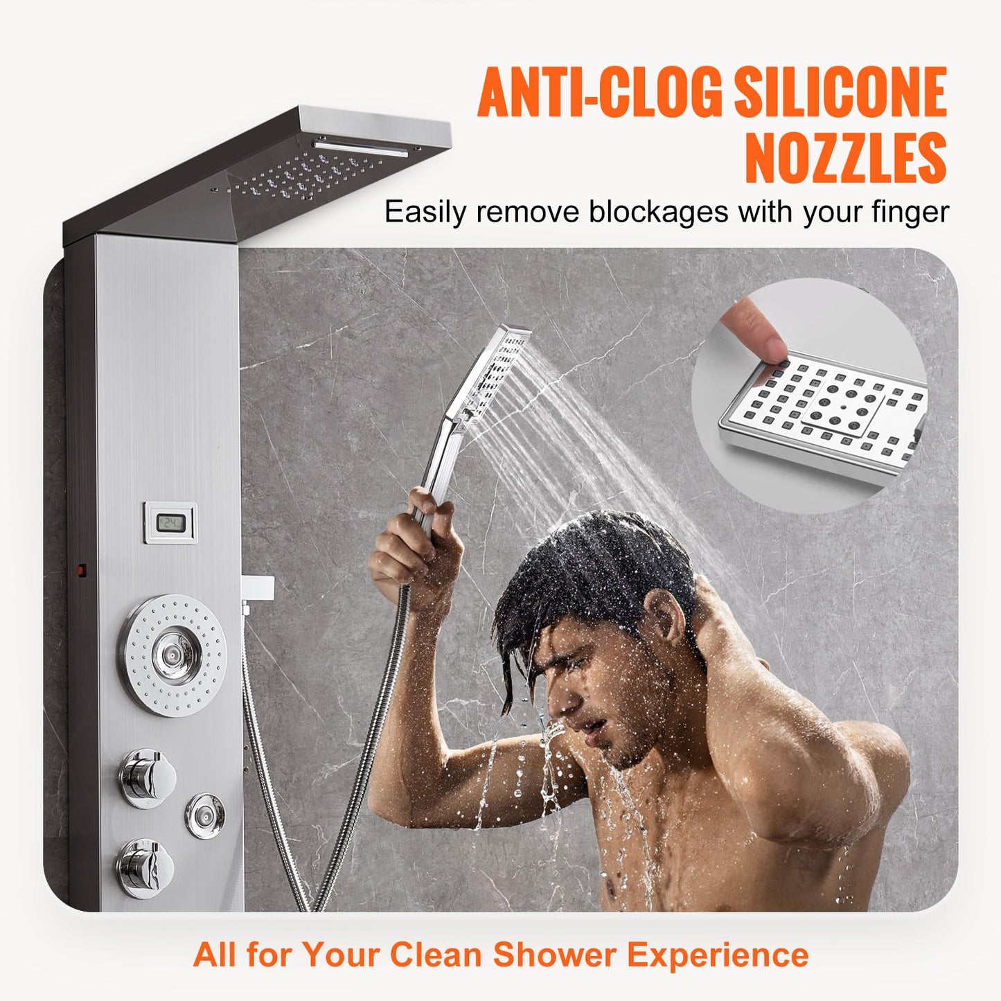 VEVOR Shower Panel Tower System, 6 Shower Modes, LED & Display Shower Panel, Rainfall, Waterfall, 4 Body Massage Jets, Tub Spout, Handheld Shower Head 59" Hose, Stainless Steel Wall-Mounted Shower Set