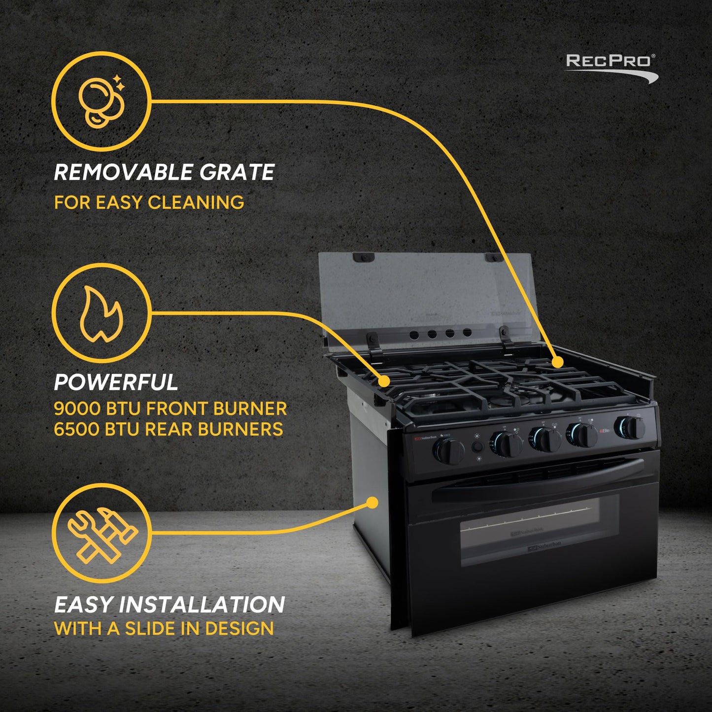 RecPro RV Suburban 3 Burner Propane Range with Oven & Air Fryer | 9000 BTU Front Burners | Piezo Ignition | Glass Cover | 12V DC/ 120V AC