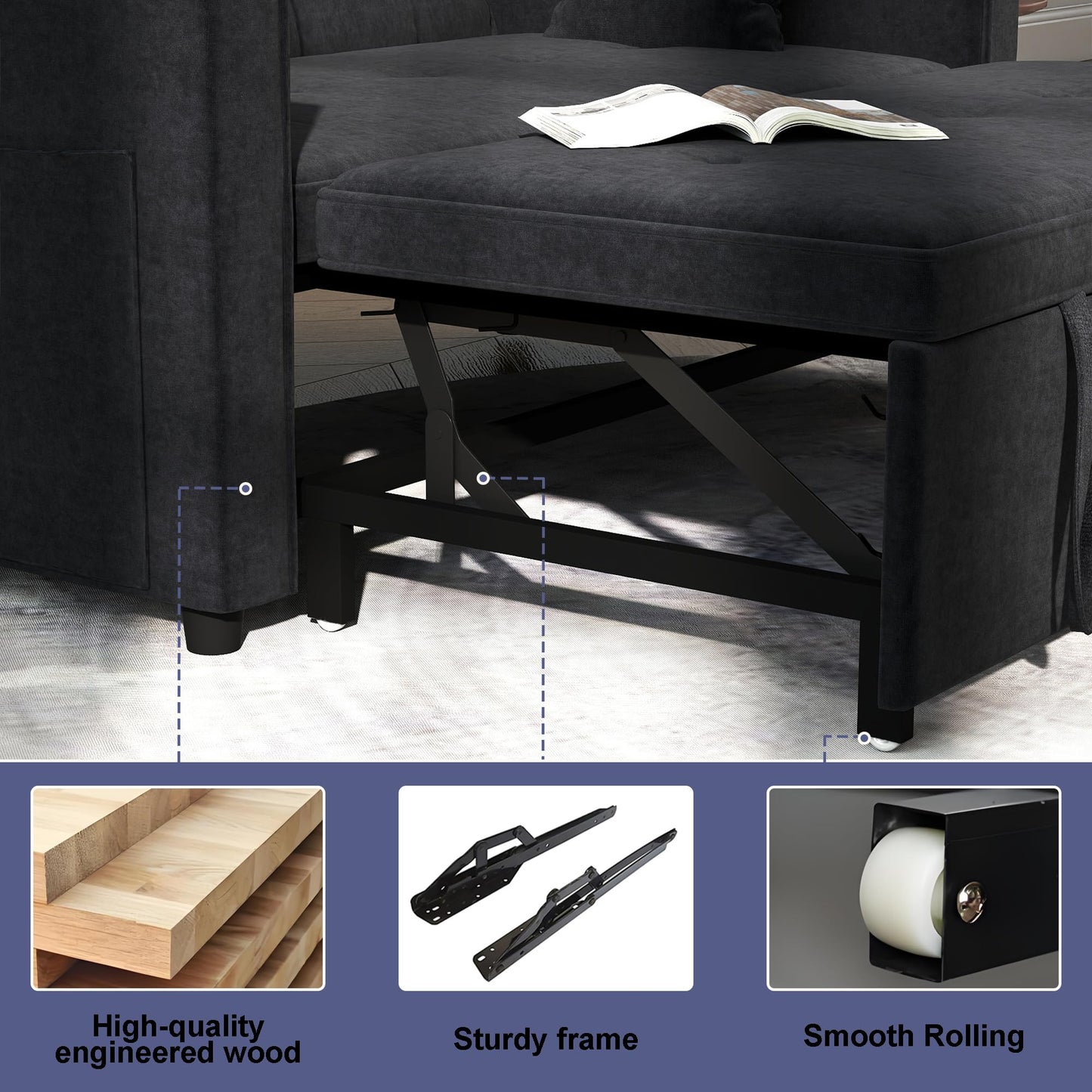 Nyvoral Loveseat Sleeper Sofa Bed Couch: Queen Sleeper Chair Pull Out Bed for Living Room, Black Velvet Couch Beds for Small Spaces, 3 in 1 Convertible Sofa with Armrests