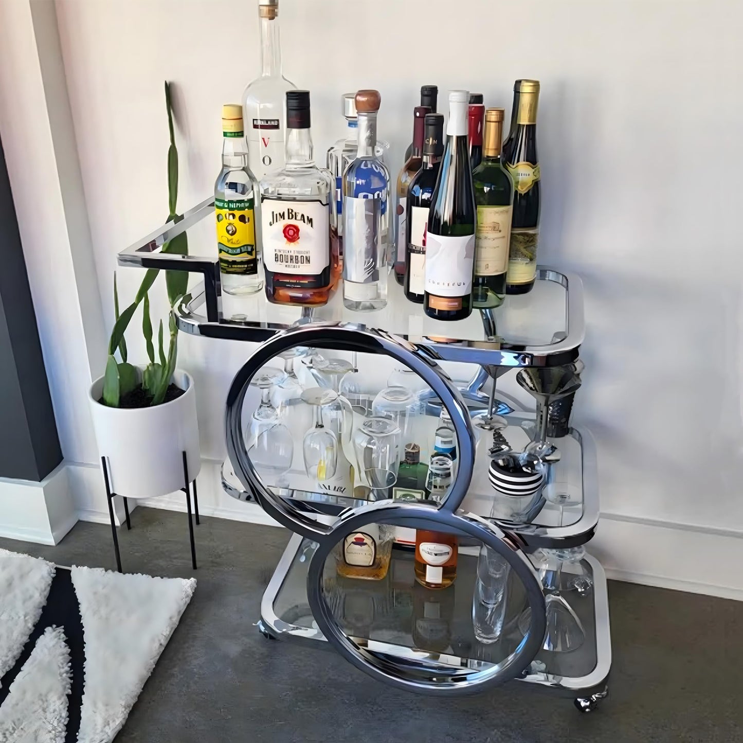 FERFALDER Home Bar Serving Carts 3 Tier Kitchen Carts on Wheels Mobile Bar Carts for Home Kitchen Dining Room Living Room Party, Chrome