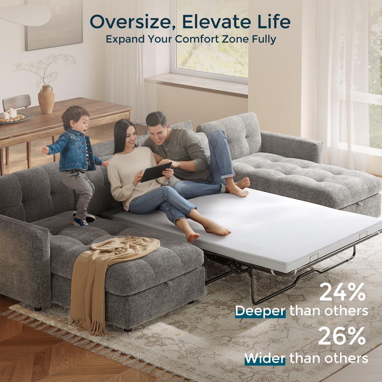 LINSY 84" Oversized Loveseat Sofa with Pull Out Bed, 2 Seater Sleeper Sofa Bed with Memory Foam Topper, Cozy Chenille Convertible Couch for Living Room, Apartment, Grey