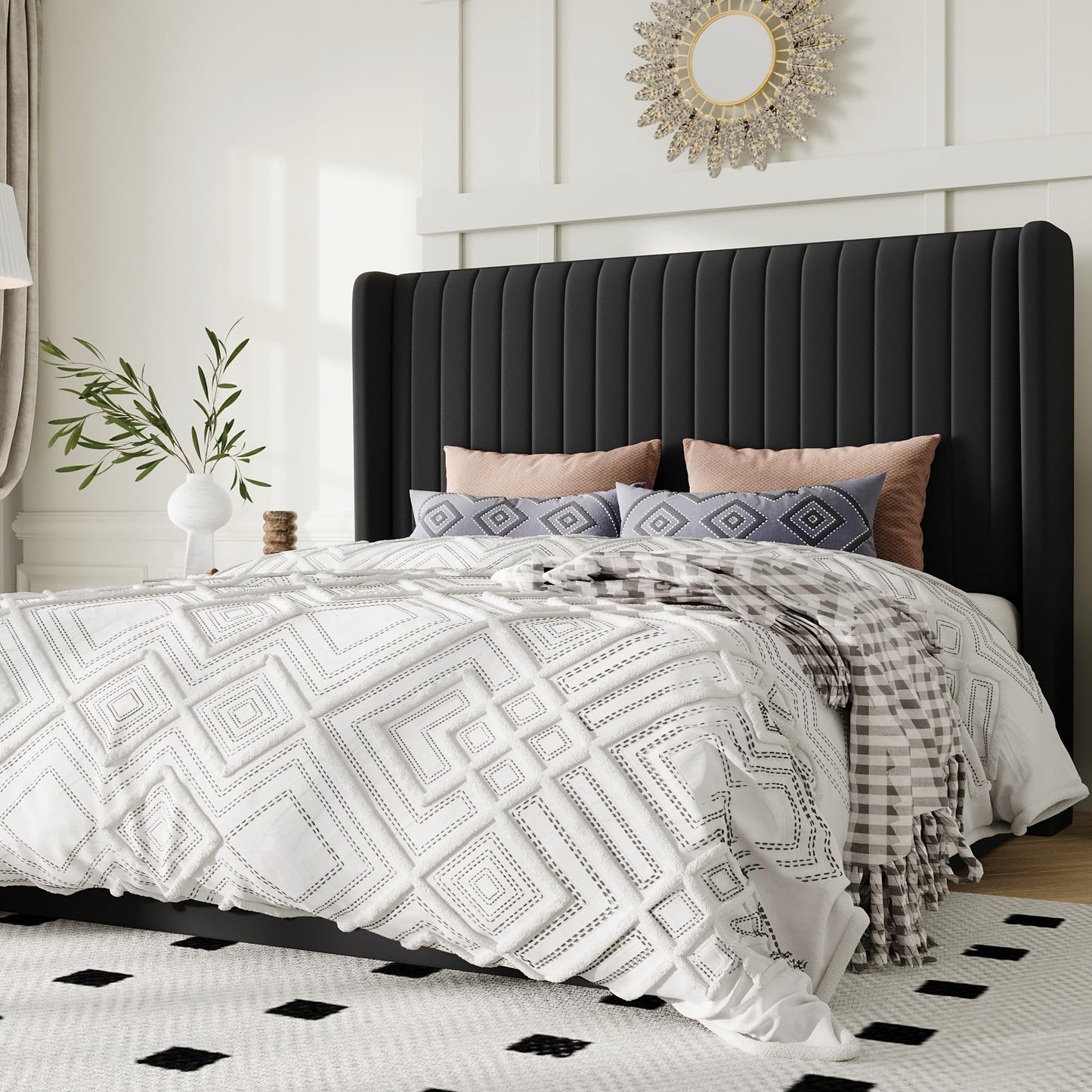 Allewie Queen Size Lift Up Storage Bed Frame, Hydraulic Support System, Upholstered Platform Bed Frame, Underneath Storage, Vertical Channel Tufted Headboard with Wingback, No Box Spring Needed, Black