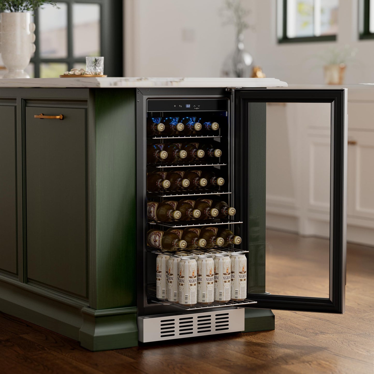 Empava 15 inch Undercounter Beverage Cooler Refrigerator with Glass Door, Freestanding Drink Fridge with LED Light, Touch Control, 80 Cans Capacity