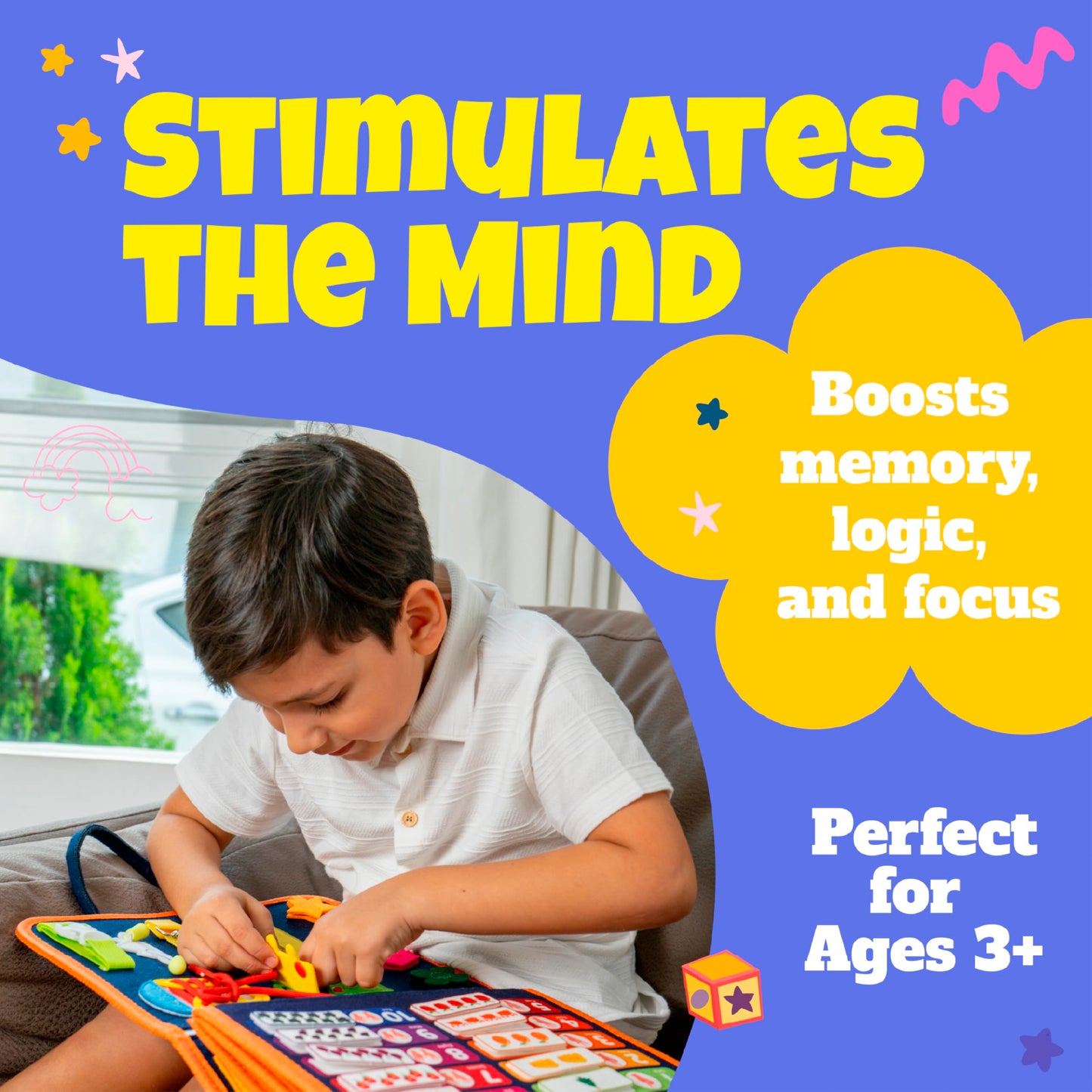Ibenji Montessori Busy Book for Toddlers – Sensory Learning Toy with Zippers, Buckles, Letters, Numbers & Puzzles – Travel Quiet Book for Airplane & Car