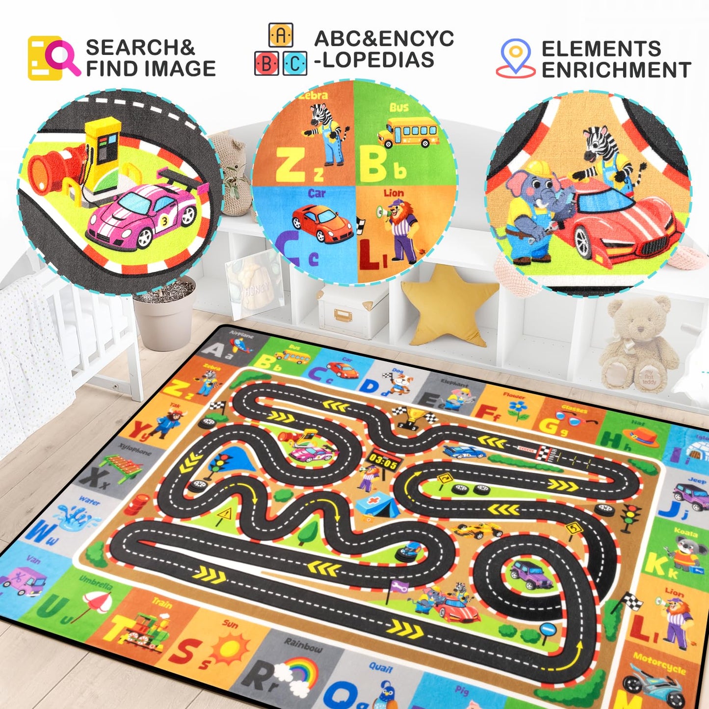 Diysani Race Track Car Rug 4x6FT Road Rug for Kids Toy Cars Non-Slip Play Carpet Baby Play Mat for Floor Washable ABC Alphabet Playroom Nursery Preschool Daycare Classroom Carpet