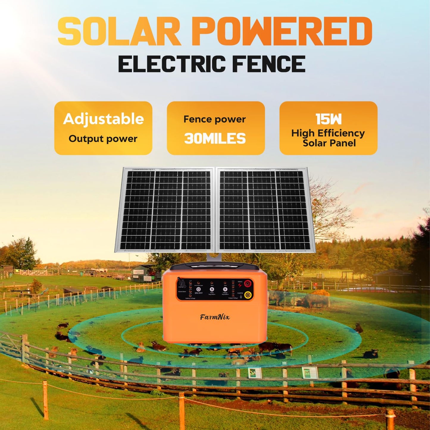 FarmNix 24 Hour Solar Electric Fence Charger, 30 Miles Solar Fence Energizer, 12KV Adjustable Output, 1.5J Solar Charger, 15W Solar Powered Electric Fence Kit for Livestock, Predator Protection