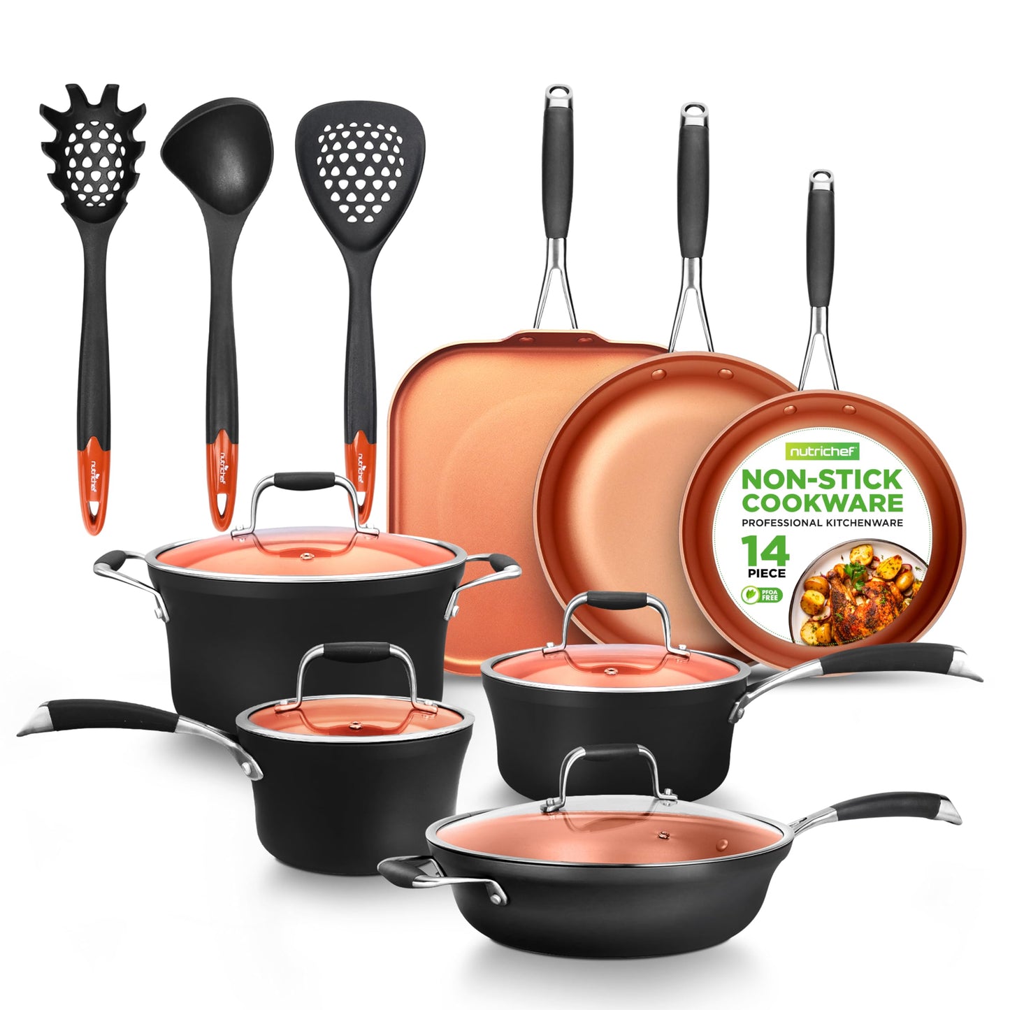 NutriChef 14-Piece Nonstick Kitchen Cookware Set – PFOA/PFOS-Free, Copper/Hard-Anodized, Induction Compatible, Stackable, Luxury Design, Includes Pots, Pans, Jumbo Cooker, Griddle, and Utensils
