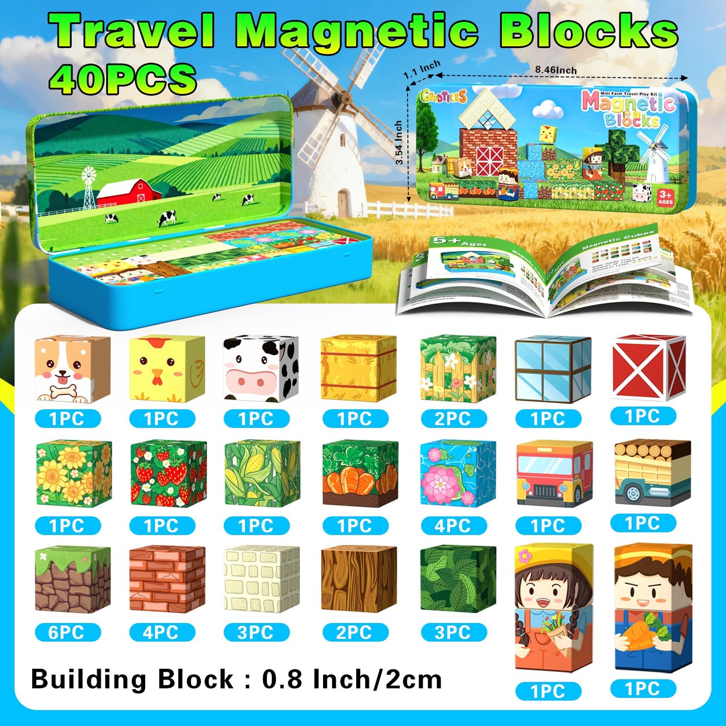 Mini Magnetic Blocks, Magnet Building Cubes, Farm Animal Travel Outdoors Toys with Portable Iron Box, STEM Montessori Sensory Educational Toys for Toddlers, Gift for Kids Ages 3-8 Boys & Girls